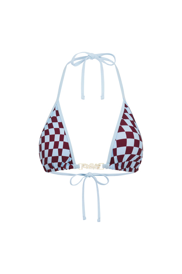 A triangle bikini top with a burgundy and baby blue checkerboard pattern, featuring a small 'Rogue Season' gold logo on the center band, shown against a plain white background.