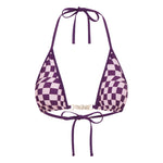 Purple checkered bikini top on a white background