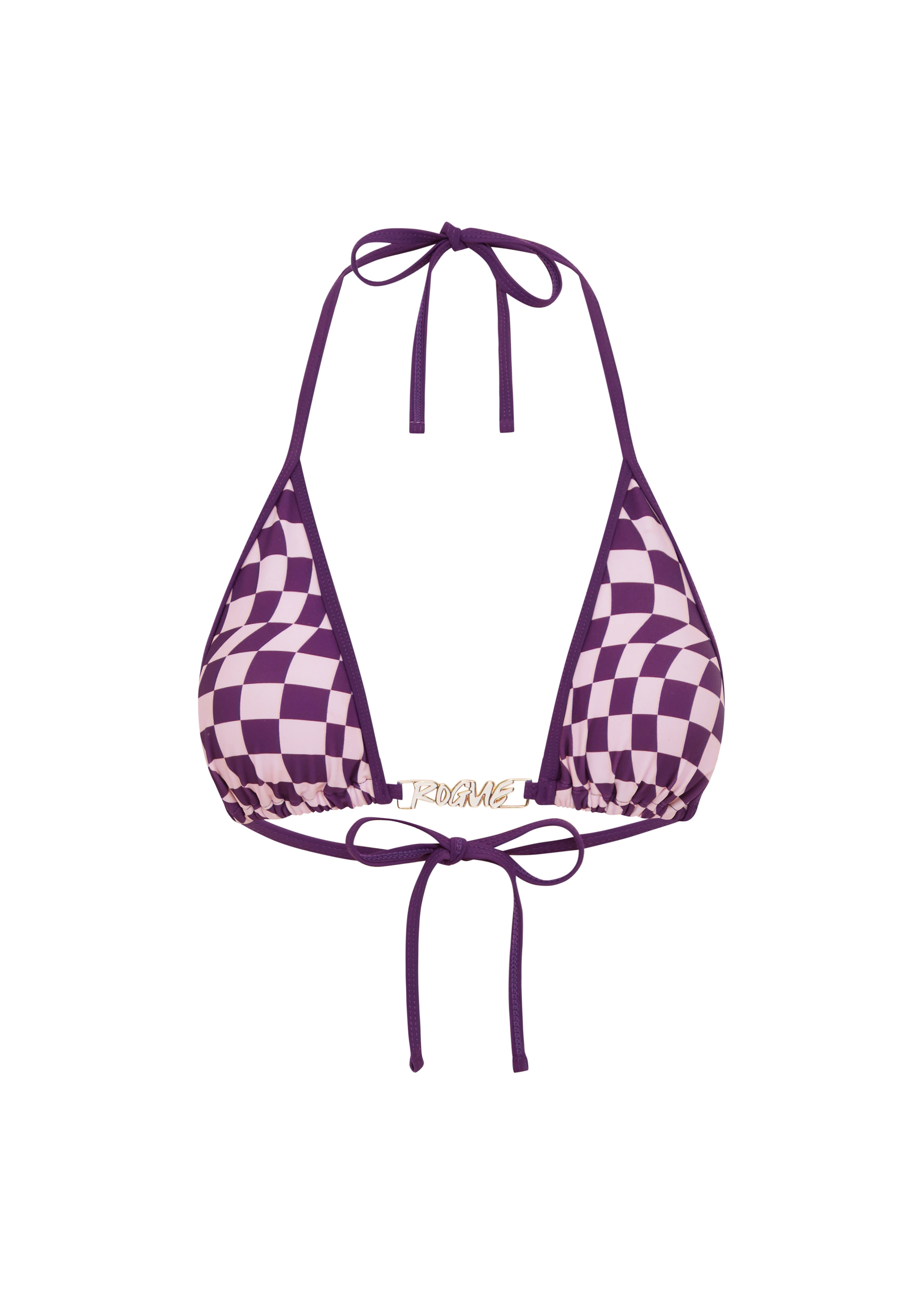 Purple checkered bikini top on a white background