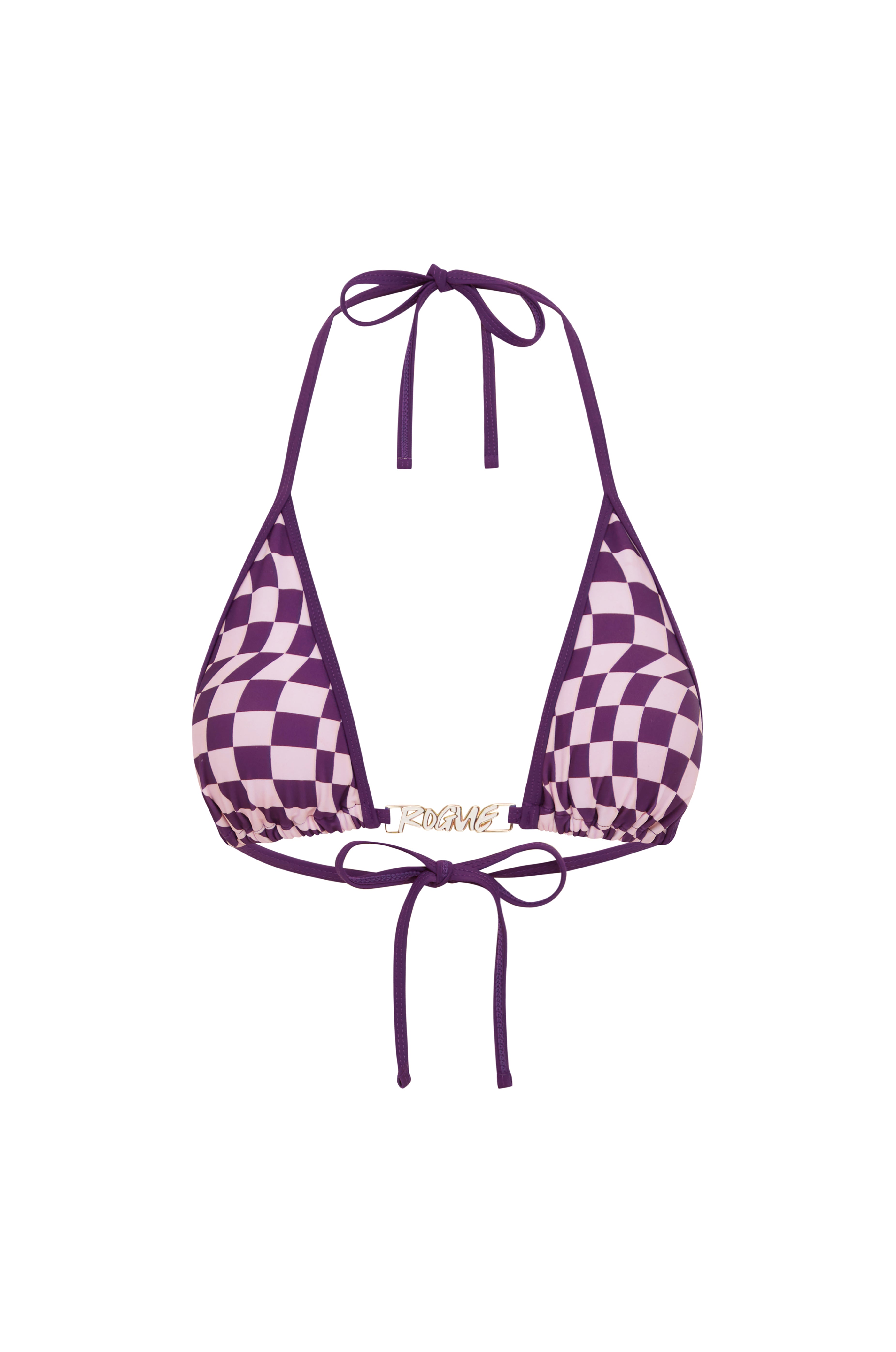 Purple checkered bikini top on a white background