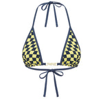A bikini top with a checkered pattern in navy and yellow colours, featuring a halter neck and tied at the front with white background.