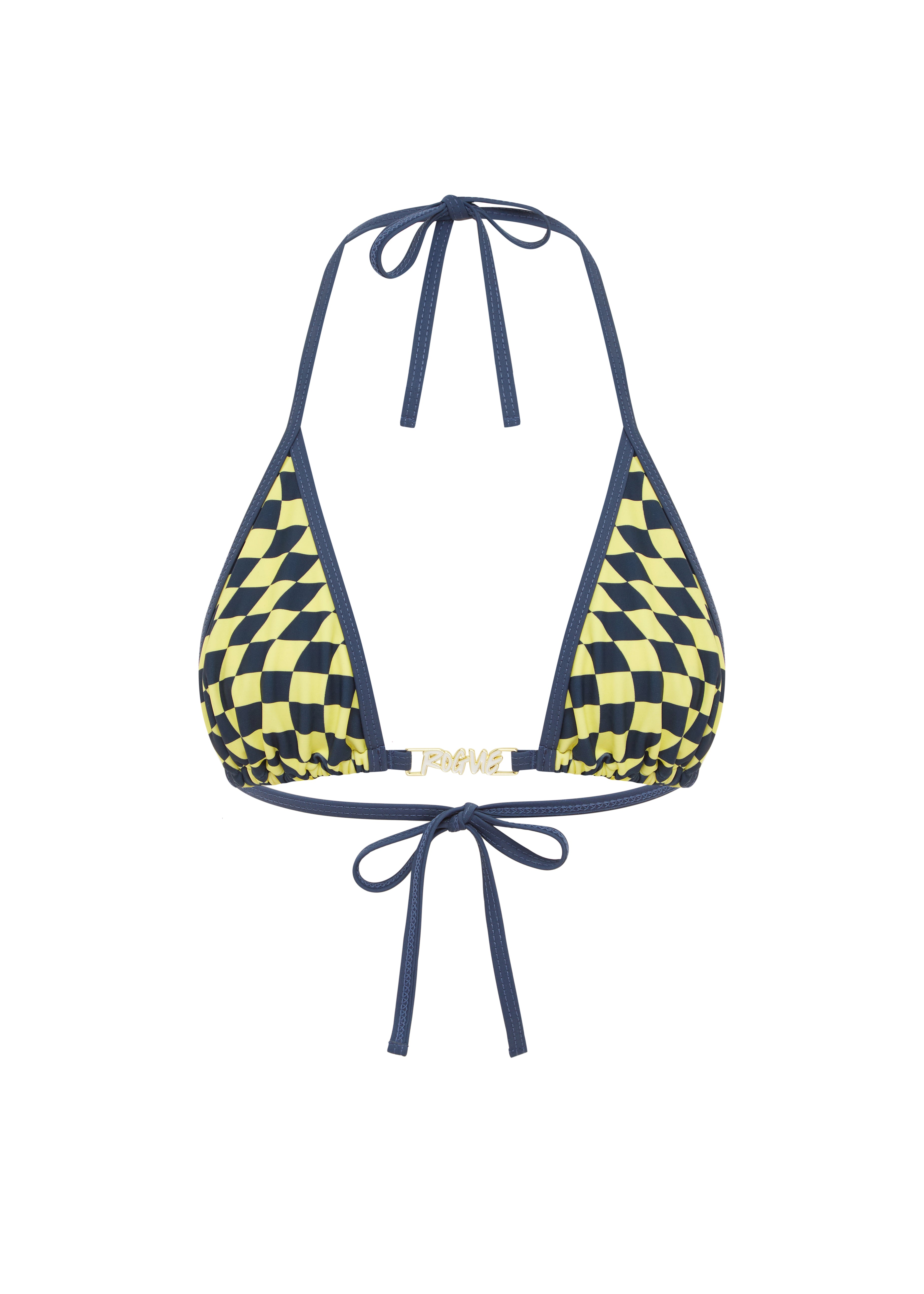 A bikini top with a checkered pattern in navy and yellow colours, featuring a halter neck and tied at the front with white background.