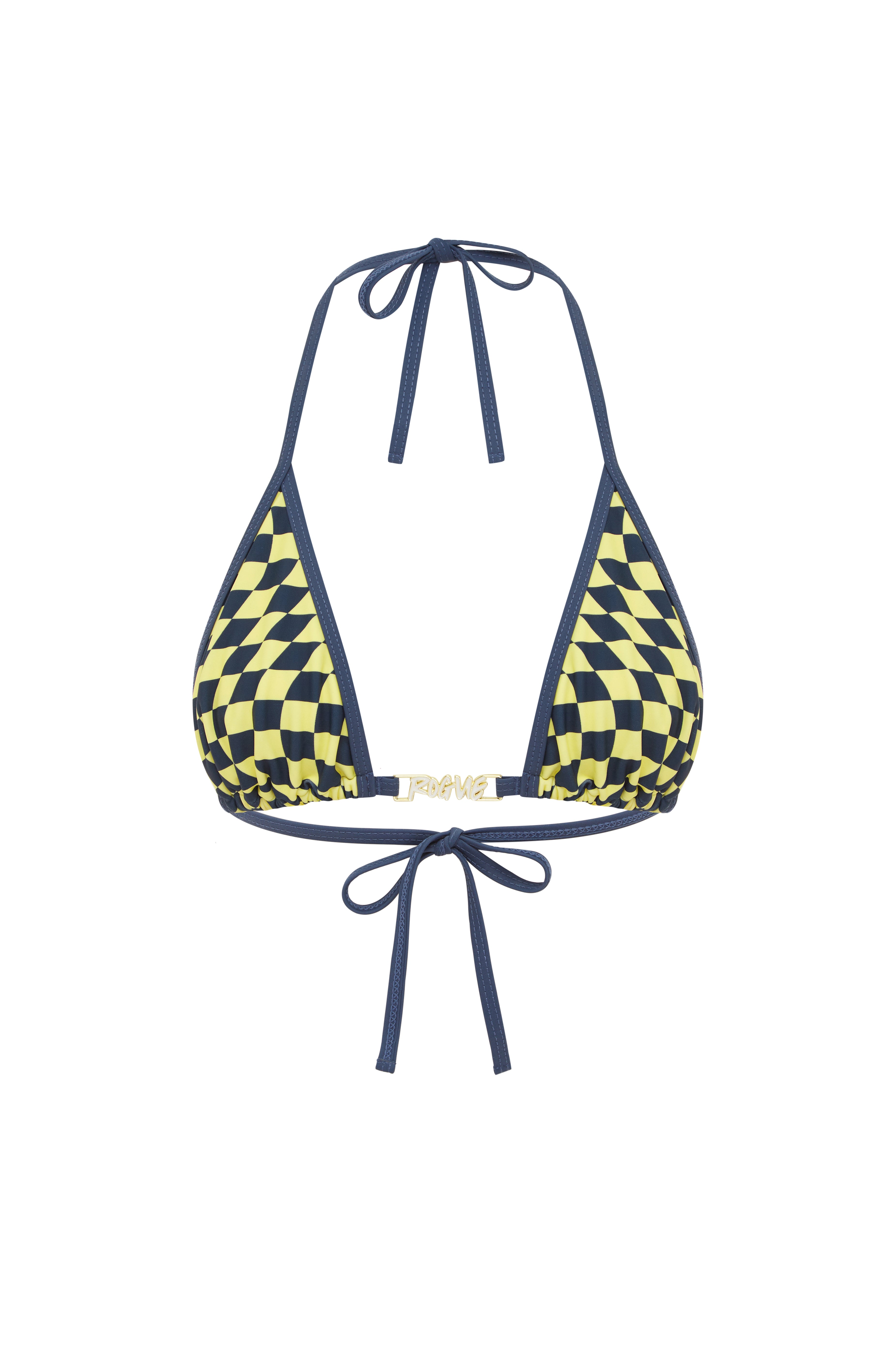 A bikini top with a checkered pattern in navy and yellow colours, featuring a halter neck and tied at the front with white background.