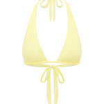 Yellow bikini top with halter neck and tie details on a white background