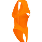 Cut out of orange one piece swimsuit on a white background.