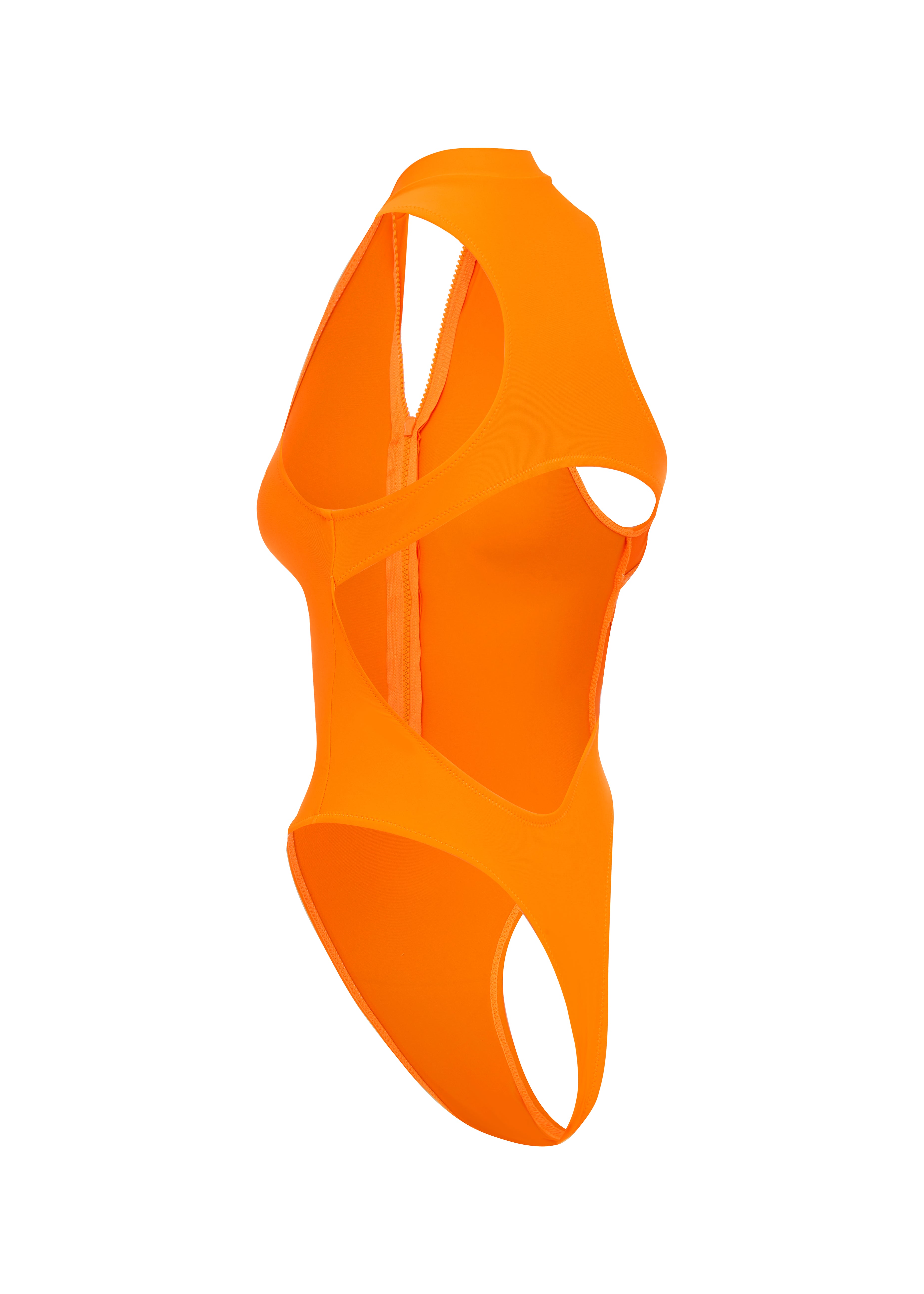 Cut out of orange one piece swimsuit on a white background.