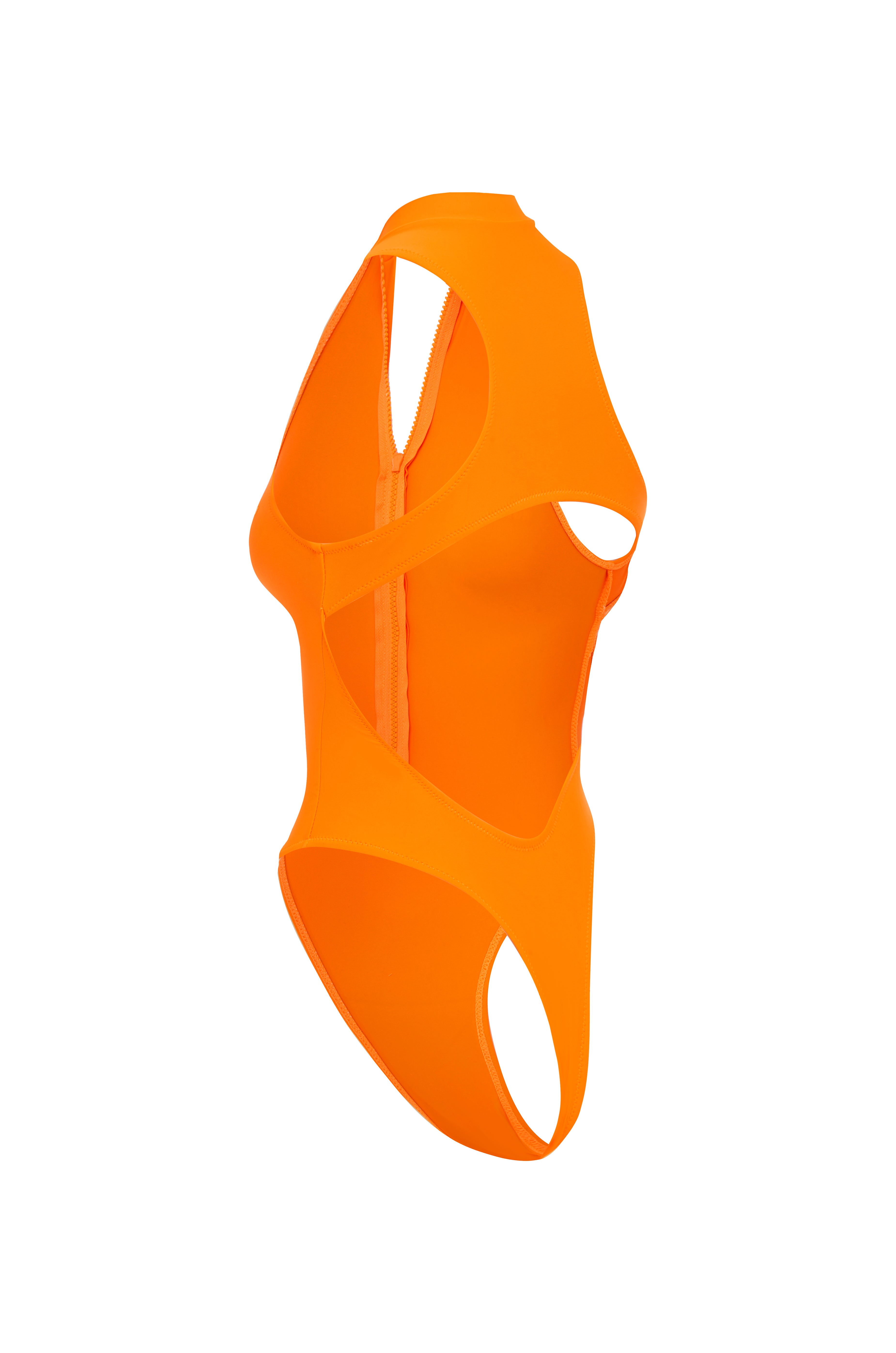 Cut out of orange one piece swimsuit on a white background.