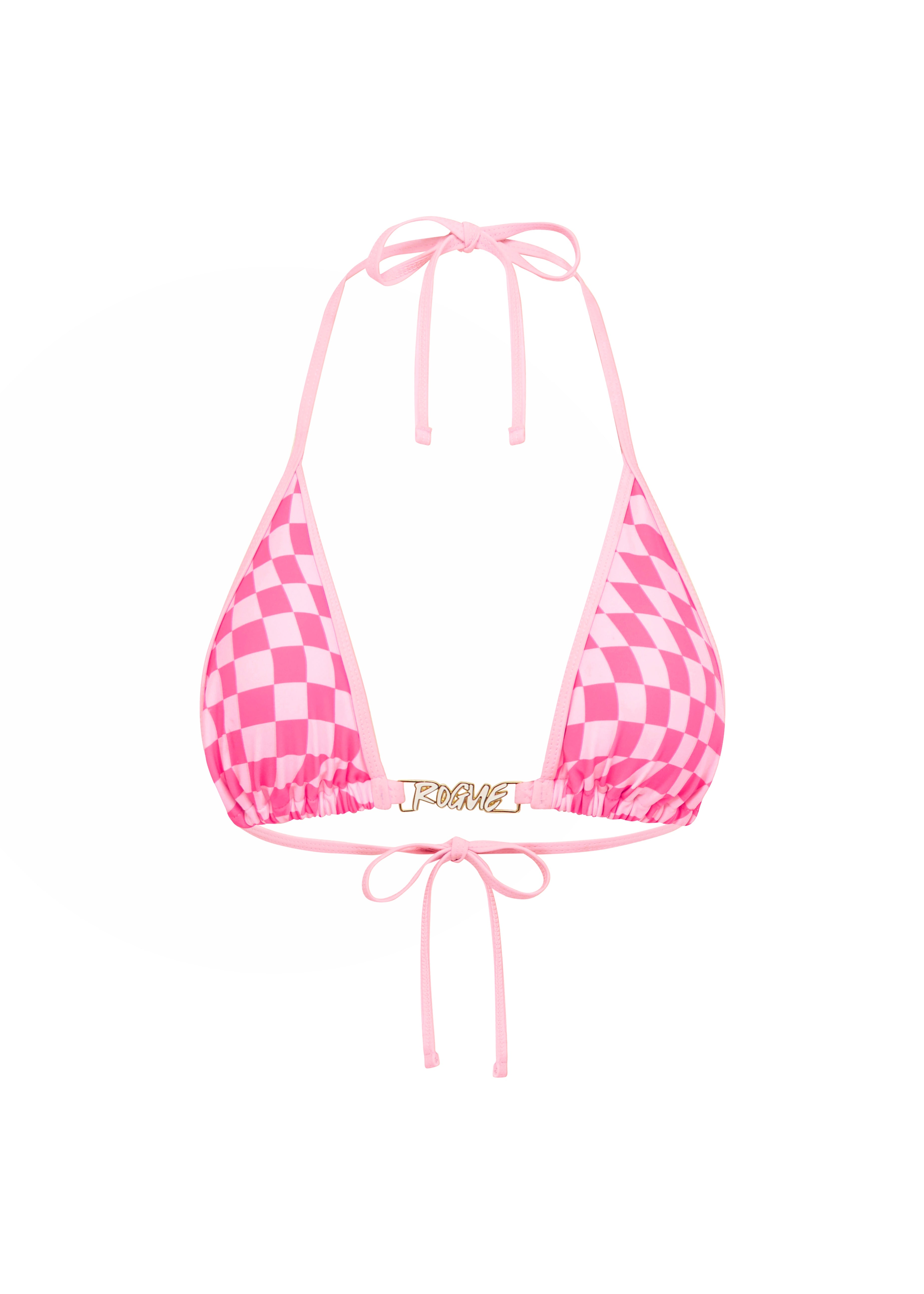 Pink checkered bikini top on a white background