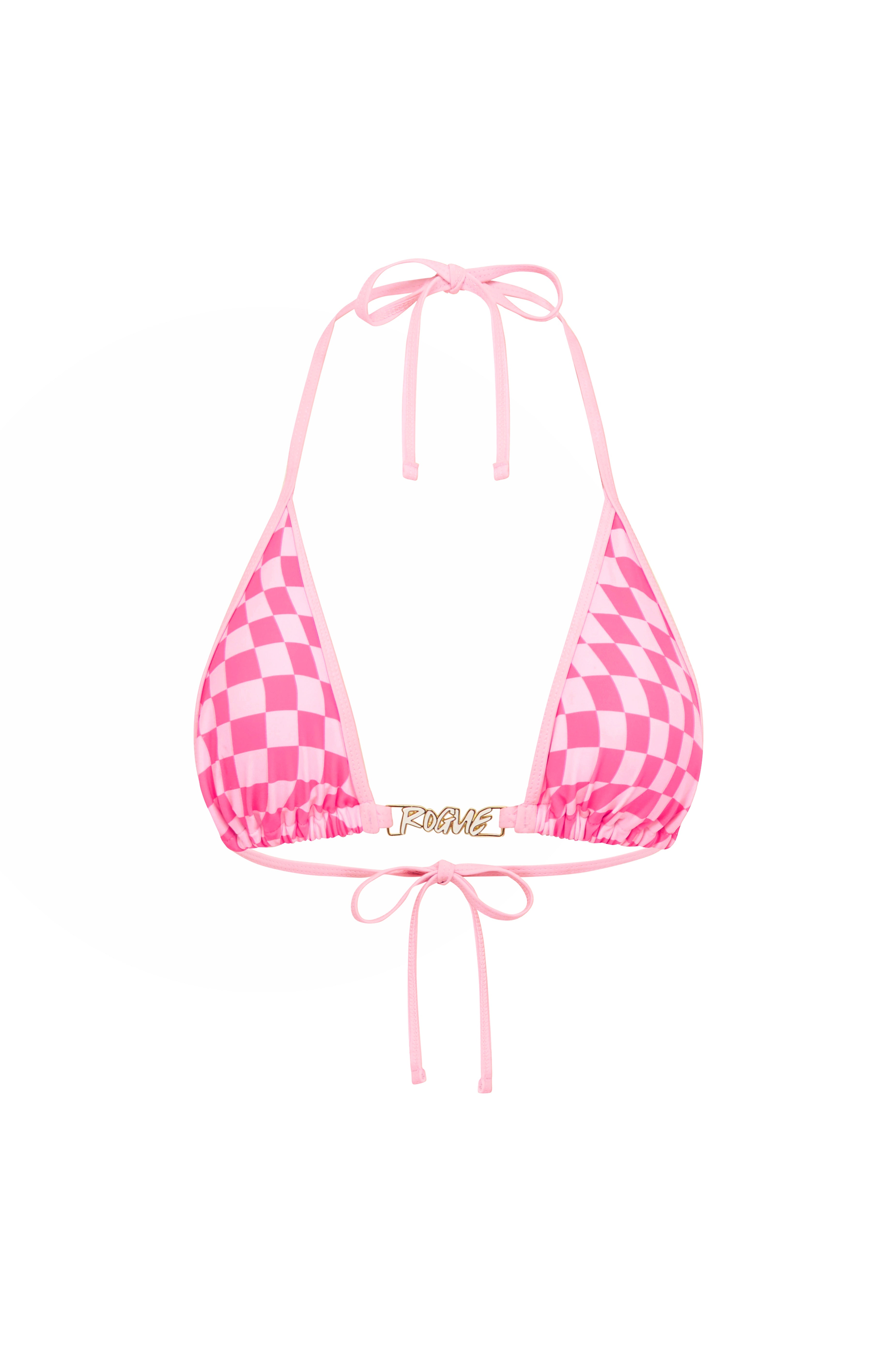 Pink checkered bikini top on a white background