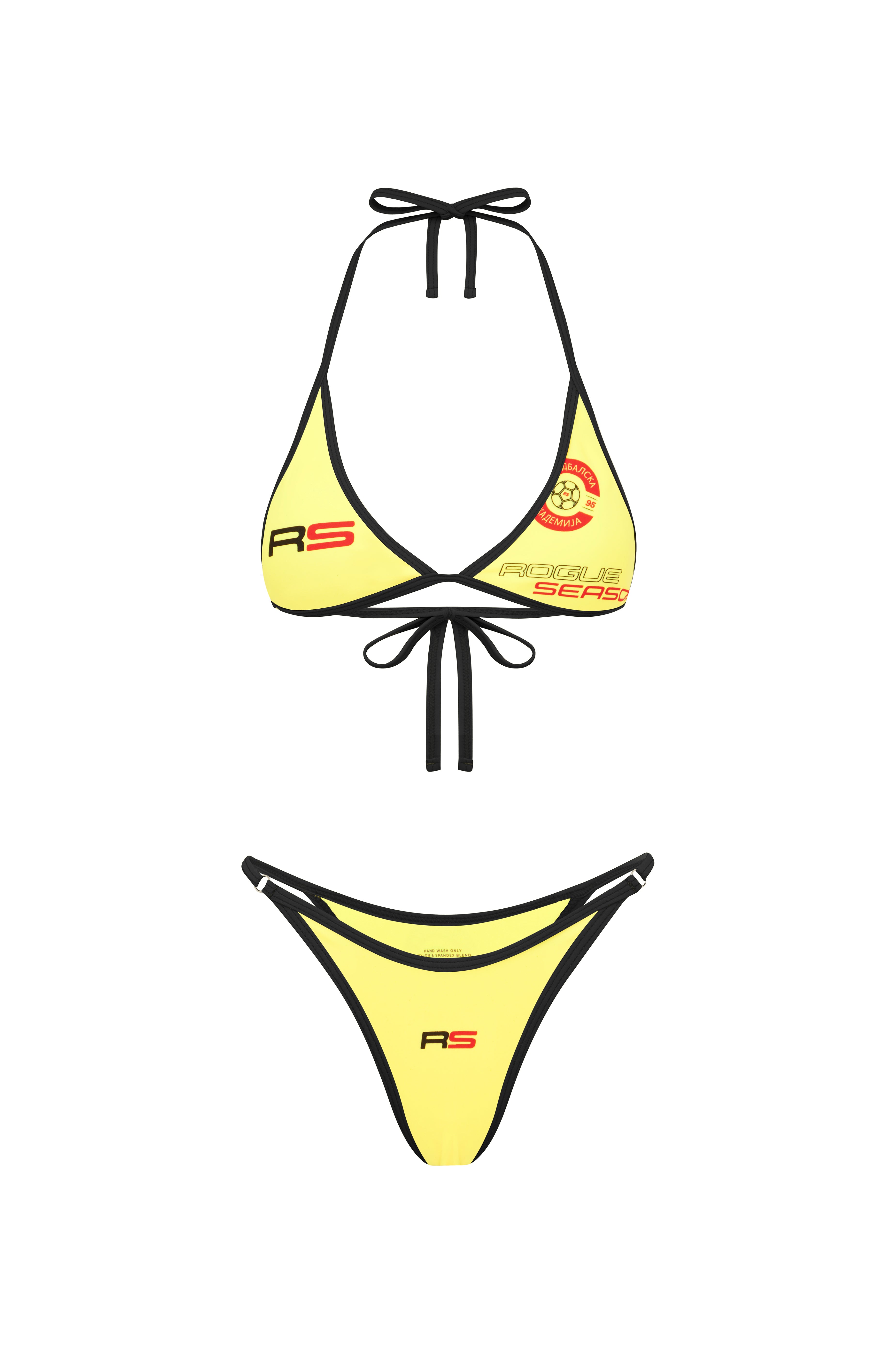 Rogue Season Yellow bikini set with black accents on a white background