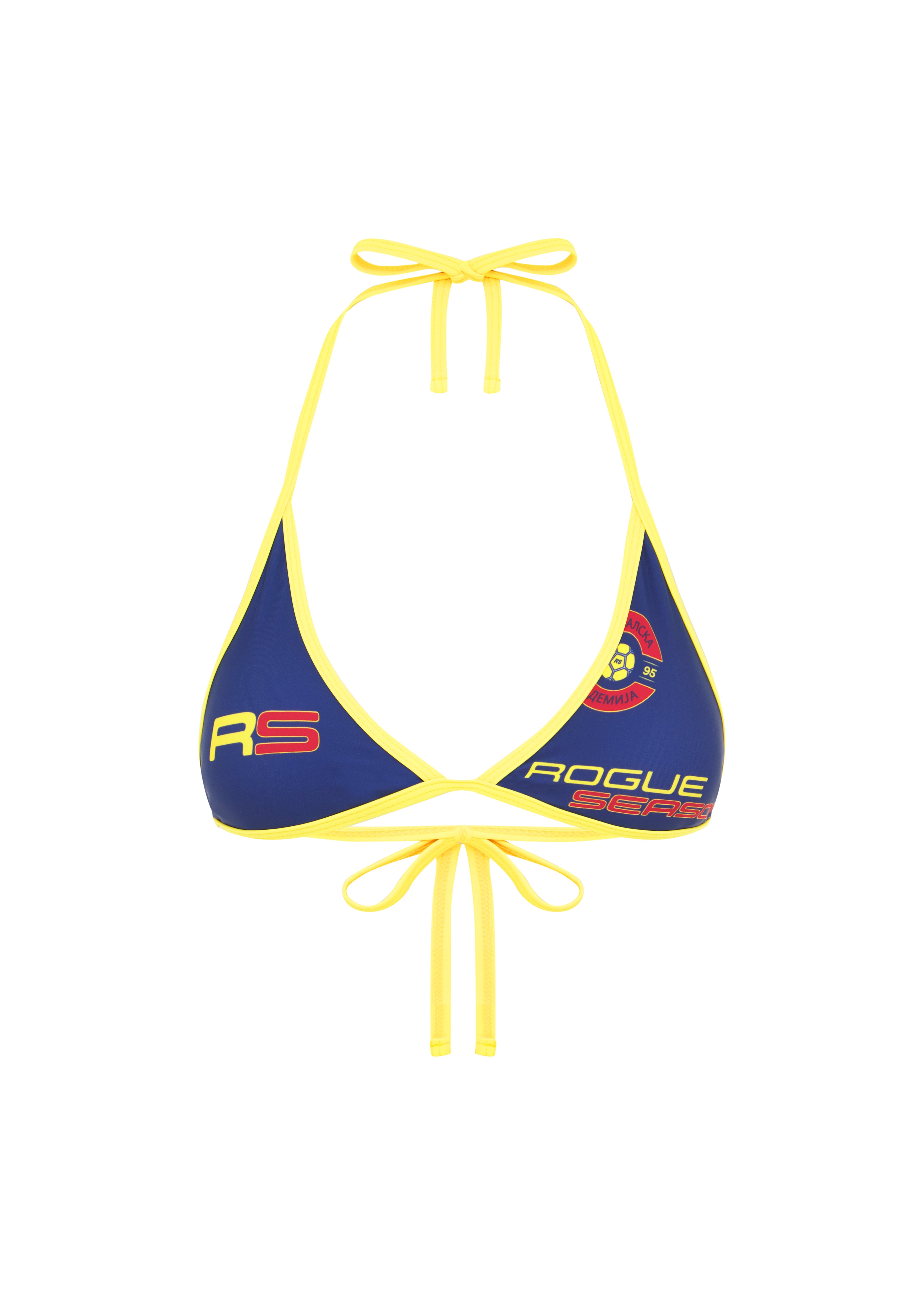 A blue and yellow bikini top with yellow ties and the text 'ROGUE' on the front on a white background.