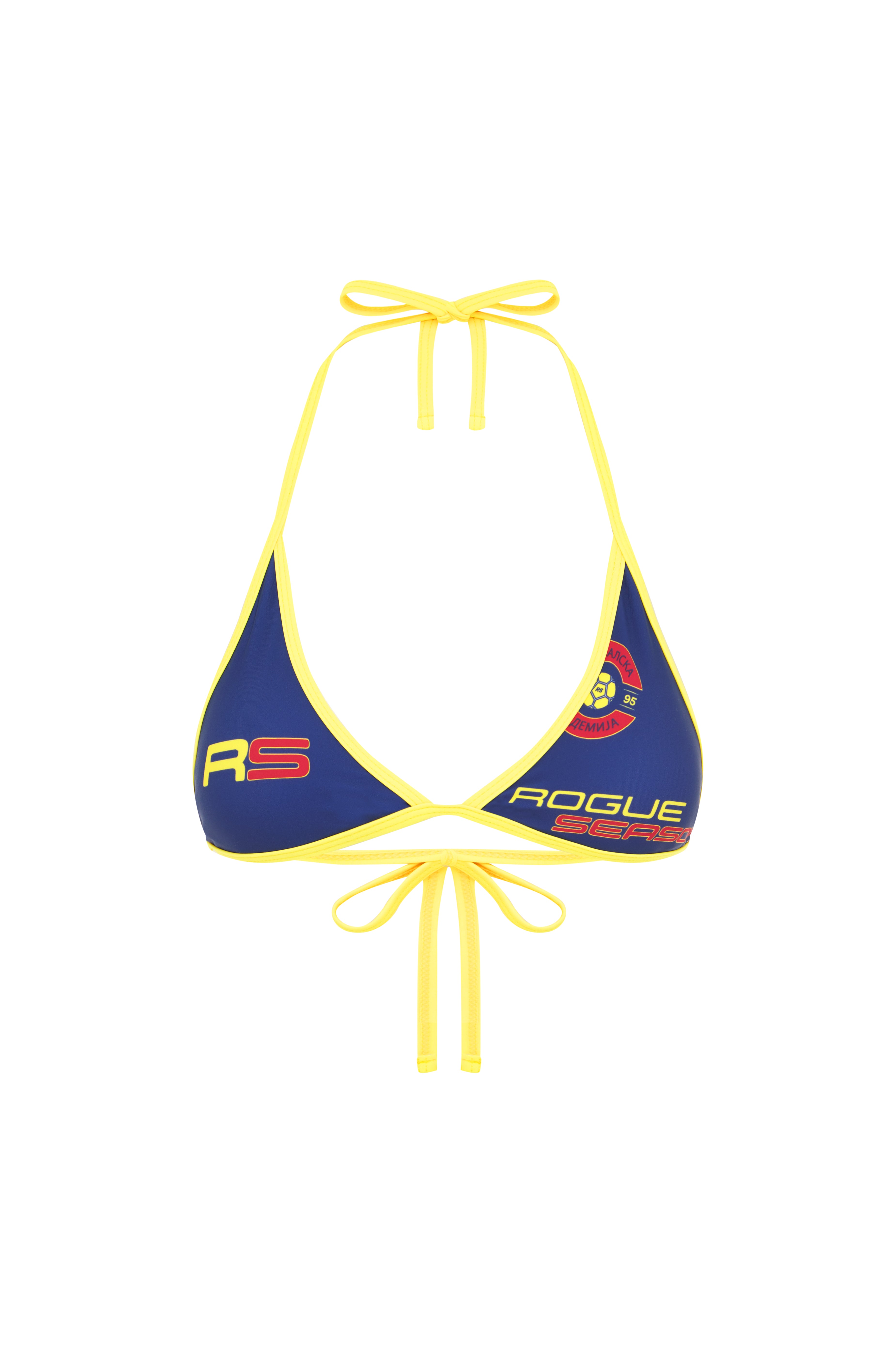 A blue and yellow bikini top with yellow ties and the text 'ROGUE' on the front on a white background.