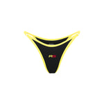 Black and yellow triangle bikini set with contrast trim and Rogue Season logo, on a white background