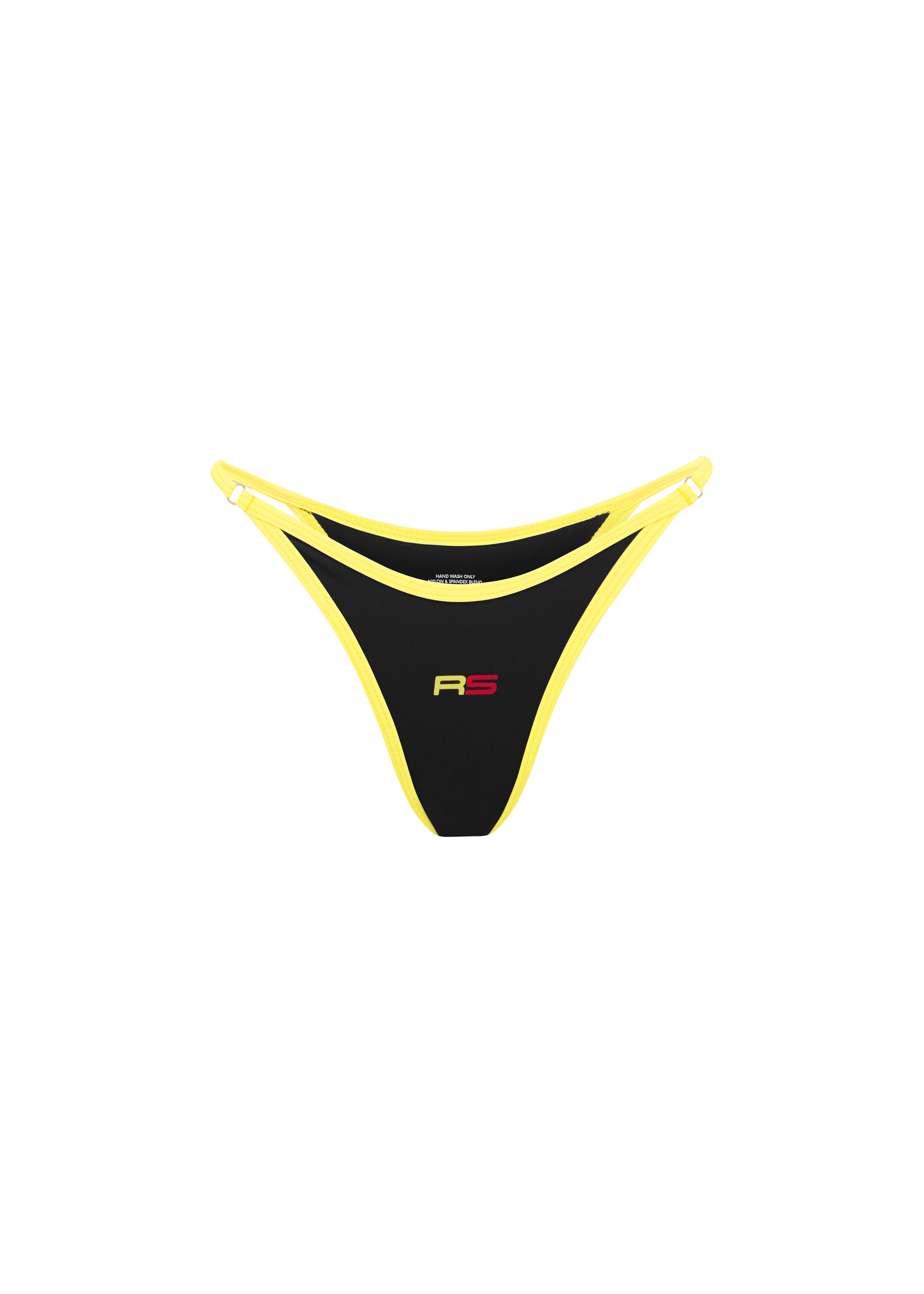 Black and yellow triangle bikini set with contrast trim and Rogue Season logo, on a white background