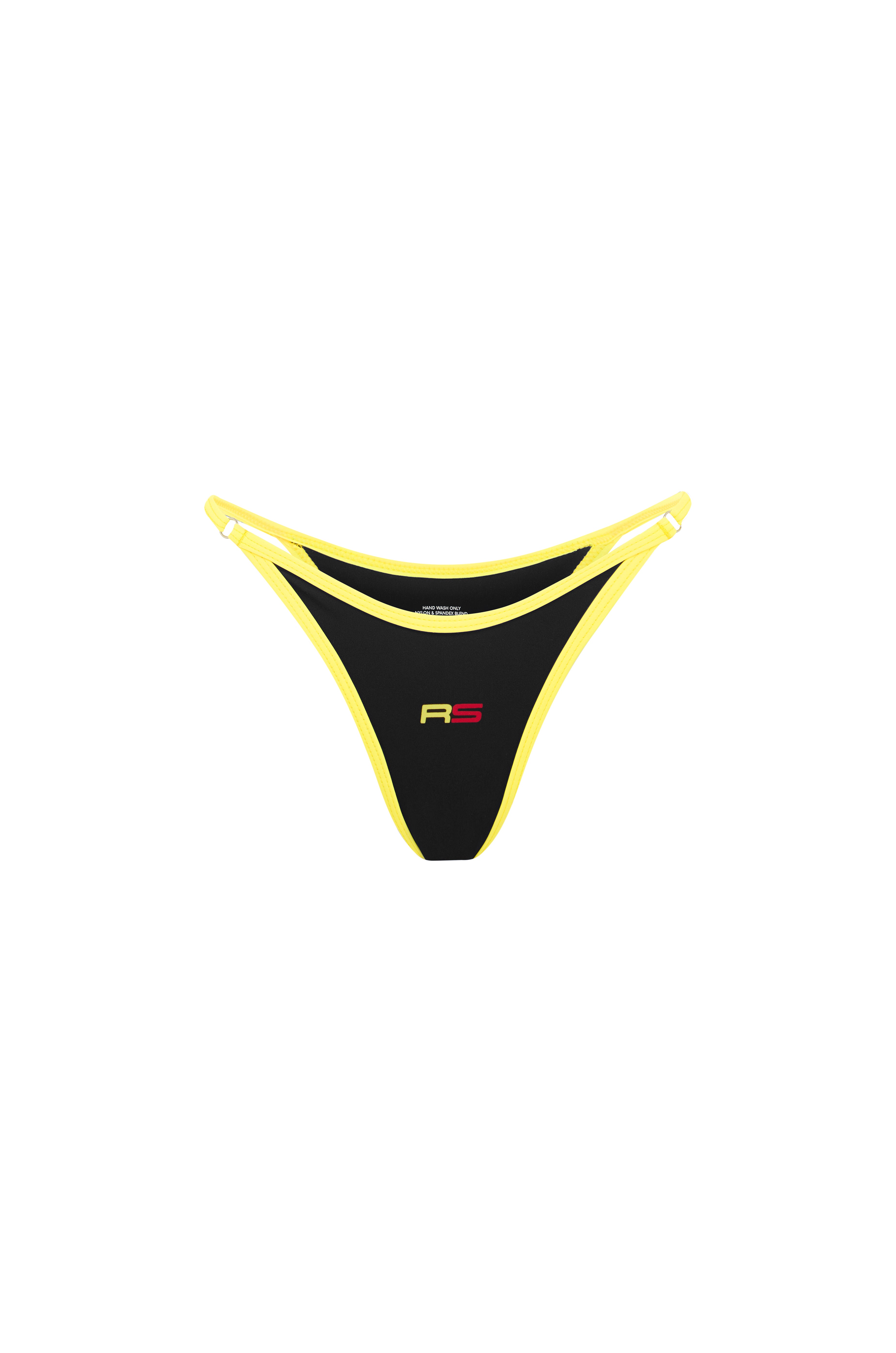 Black and yellow triangle bikini set with contrast trim and Rogue Season logo, on a white background
