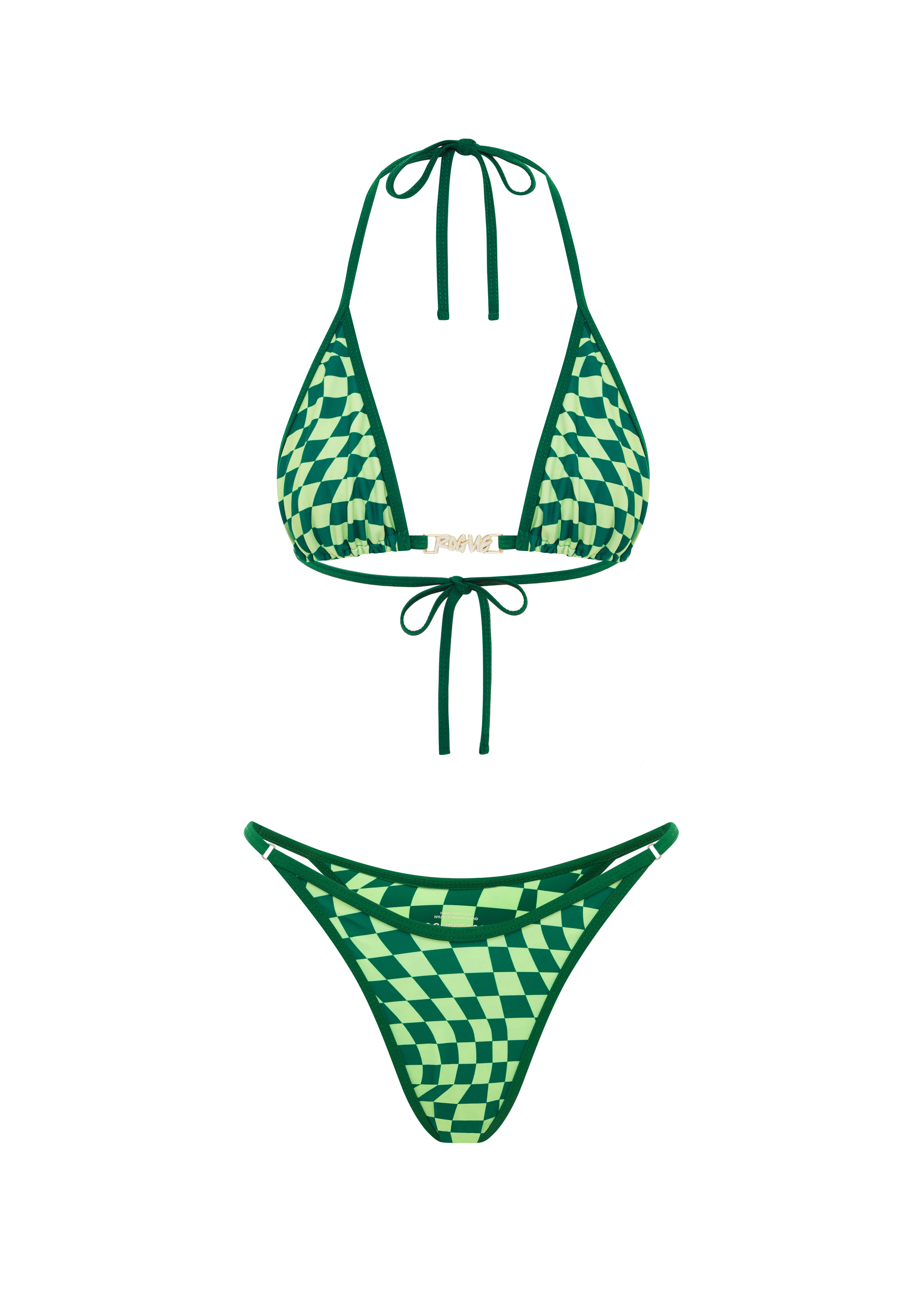 A green checkered bikini set on a white background