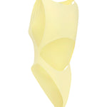 Back of swimsuit with cut out back on a white background