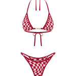Red checkered bikini top and bottom on a white background.