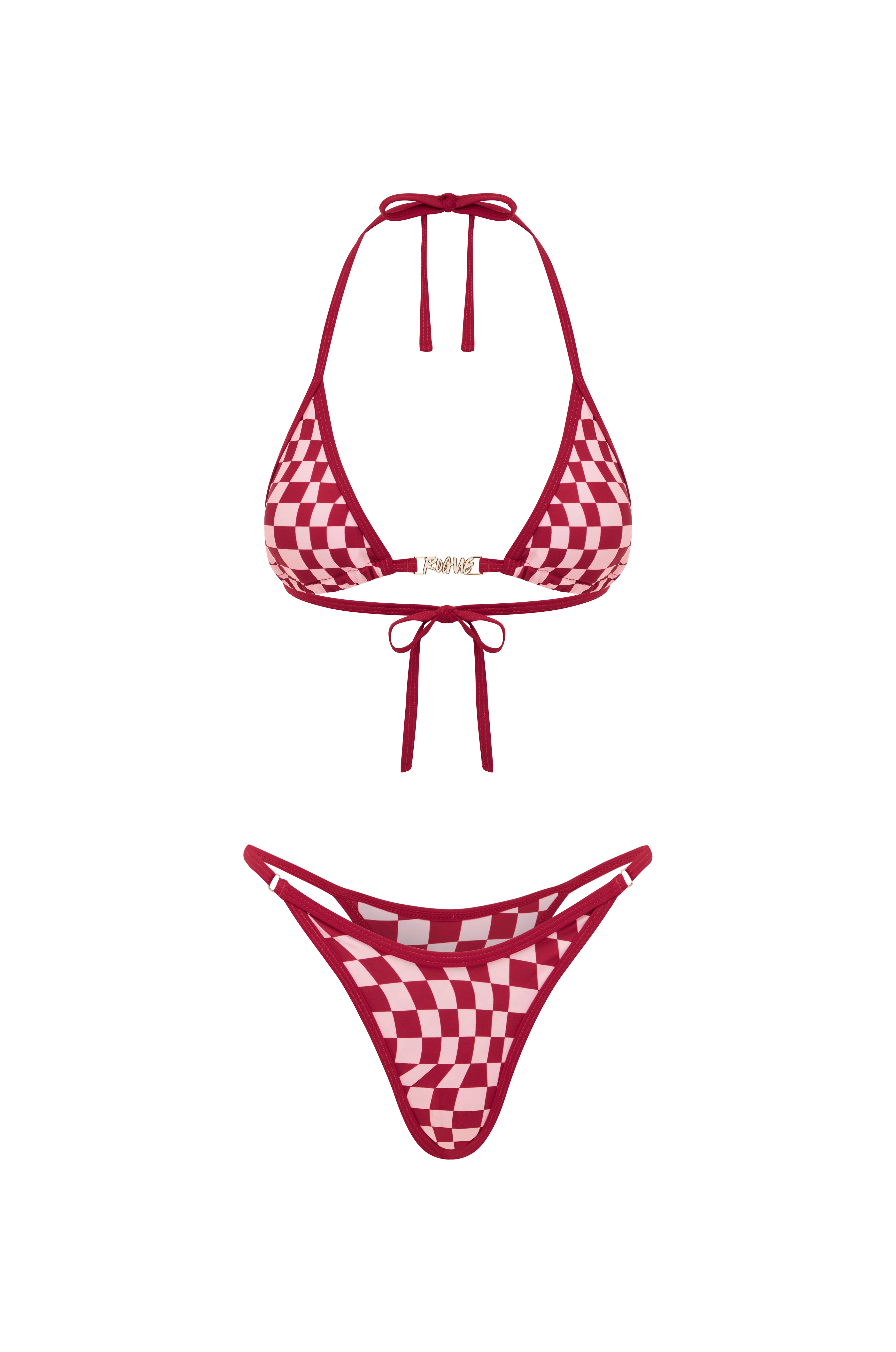 Red checkered bikini top and bottom on a white background.