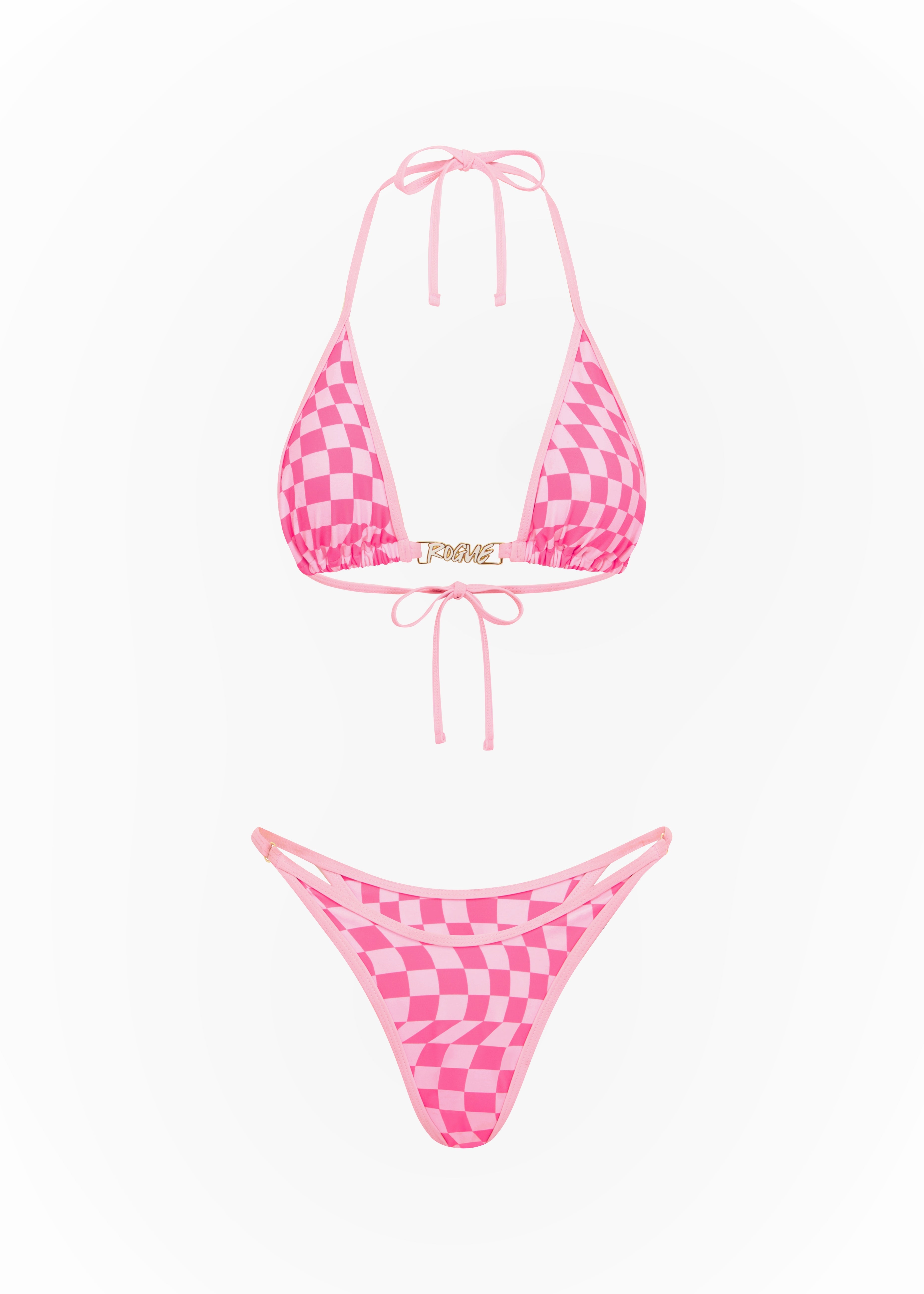 Pink checkered bikini set on a white background