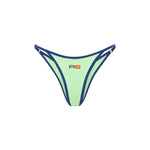 Green triangle bikini with navy trim and RS logo detailing, on a white background.