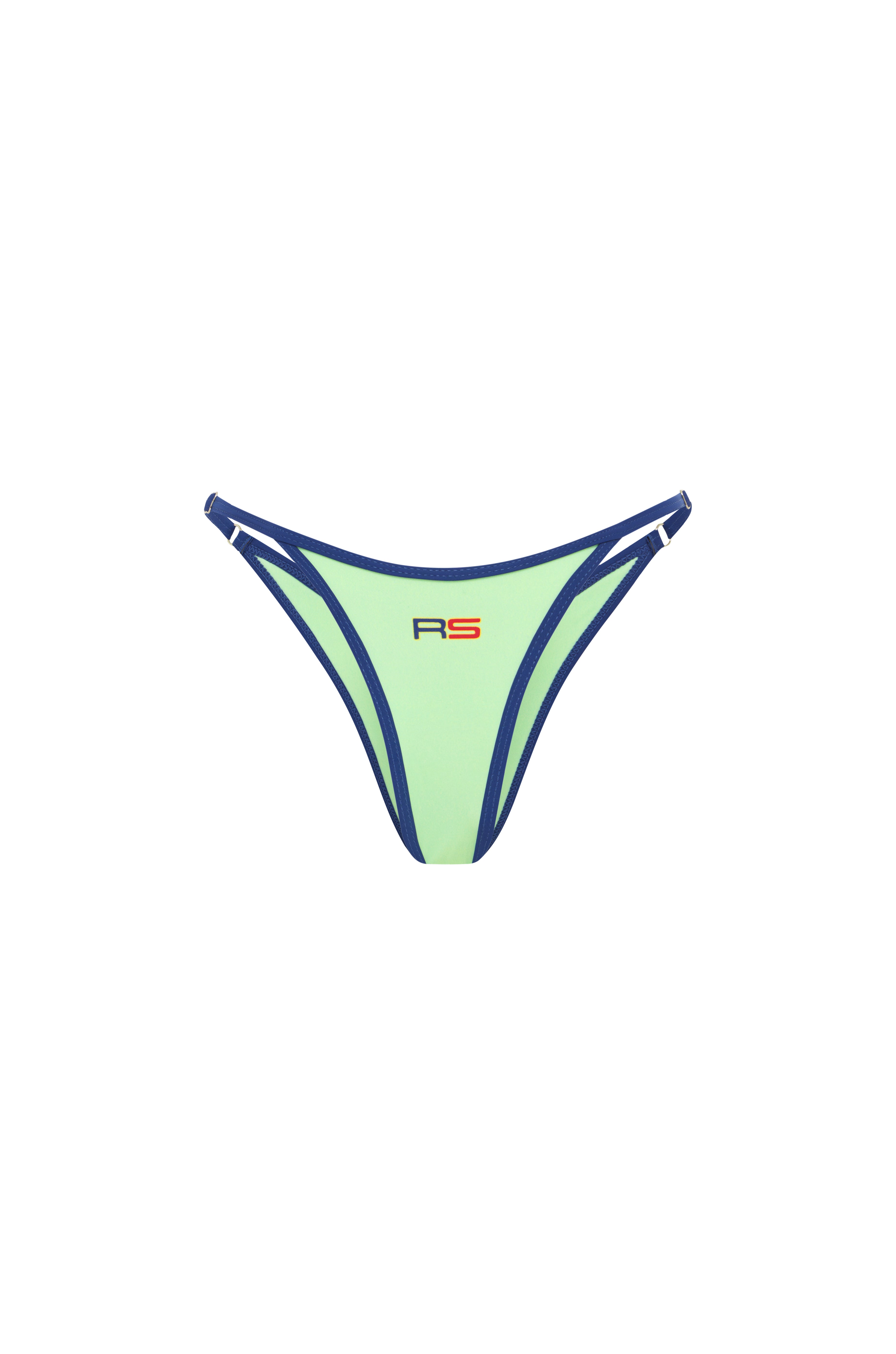 Green triangle bikini with navy trim and RS logo detailing, on a white background.