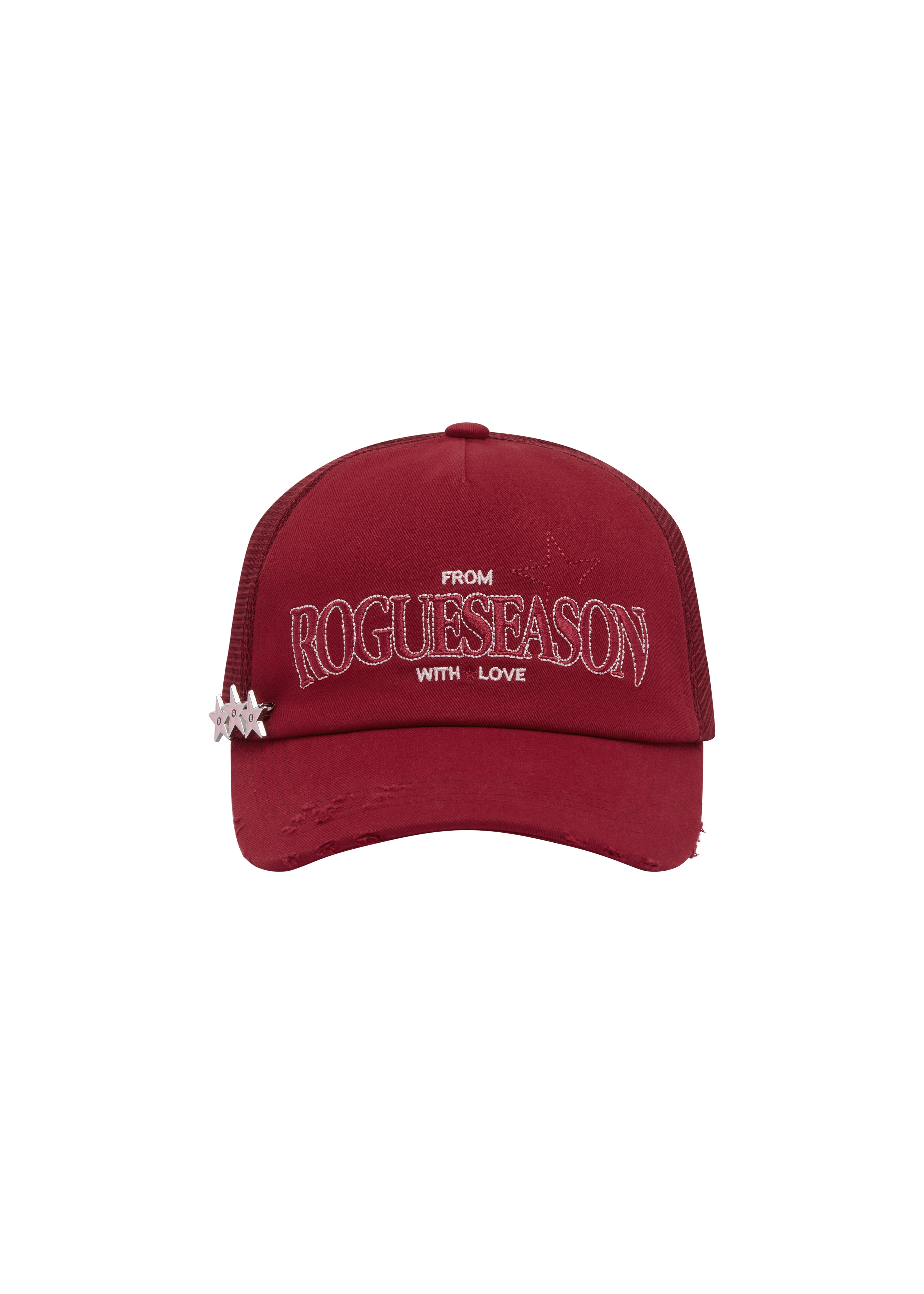 Red cap with embroidered text 'ROGUESEASON' on a white background
