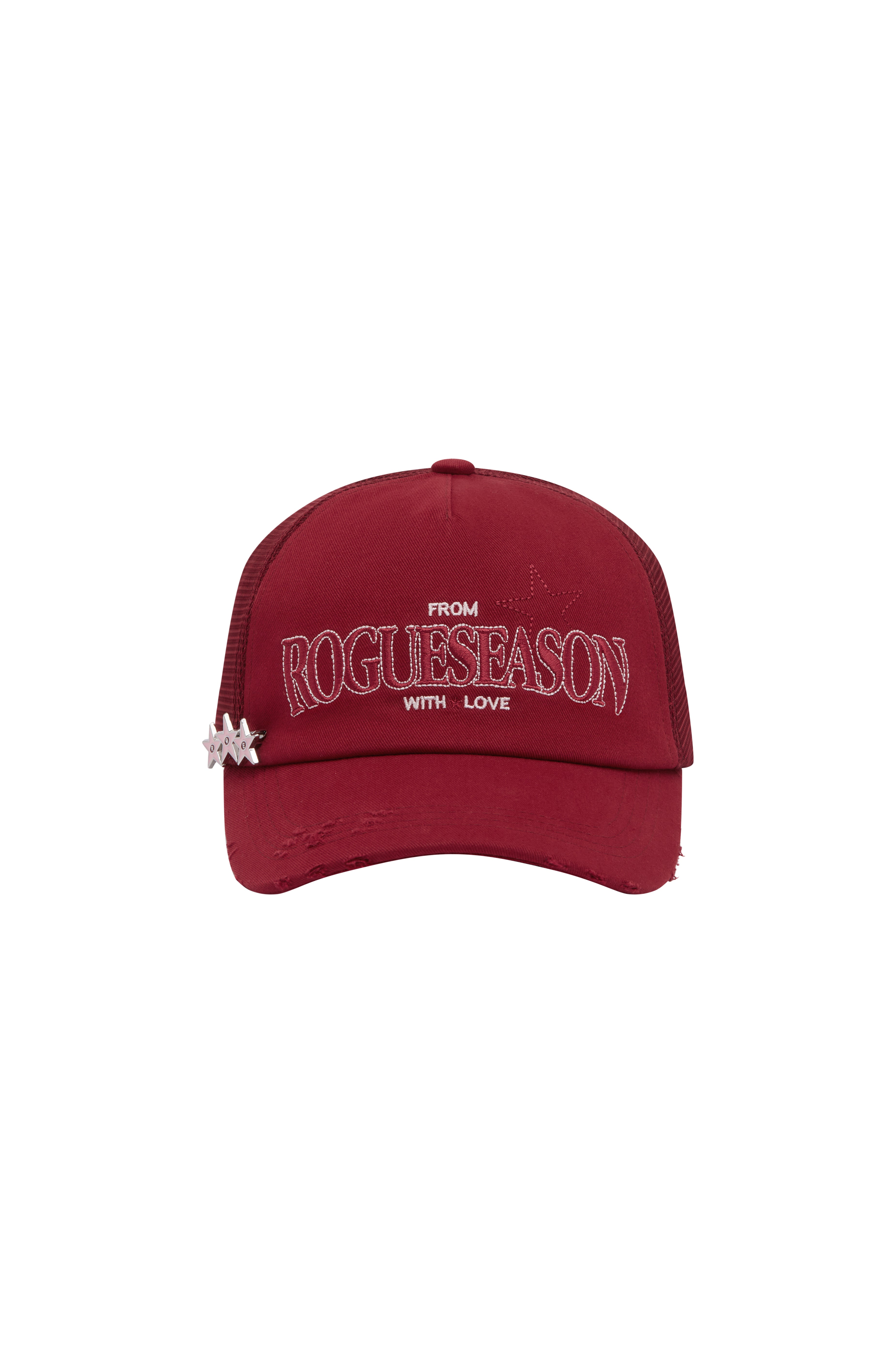 Red cap with embroidered text 'ROGUESEASON' on a white background