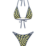 Yellow and Navy checkered triangle bikini set with thin straps and a high-cut bottom,  on a white background.