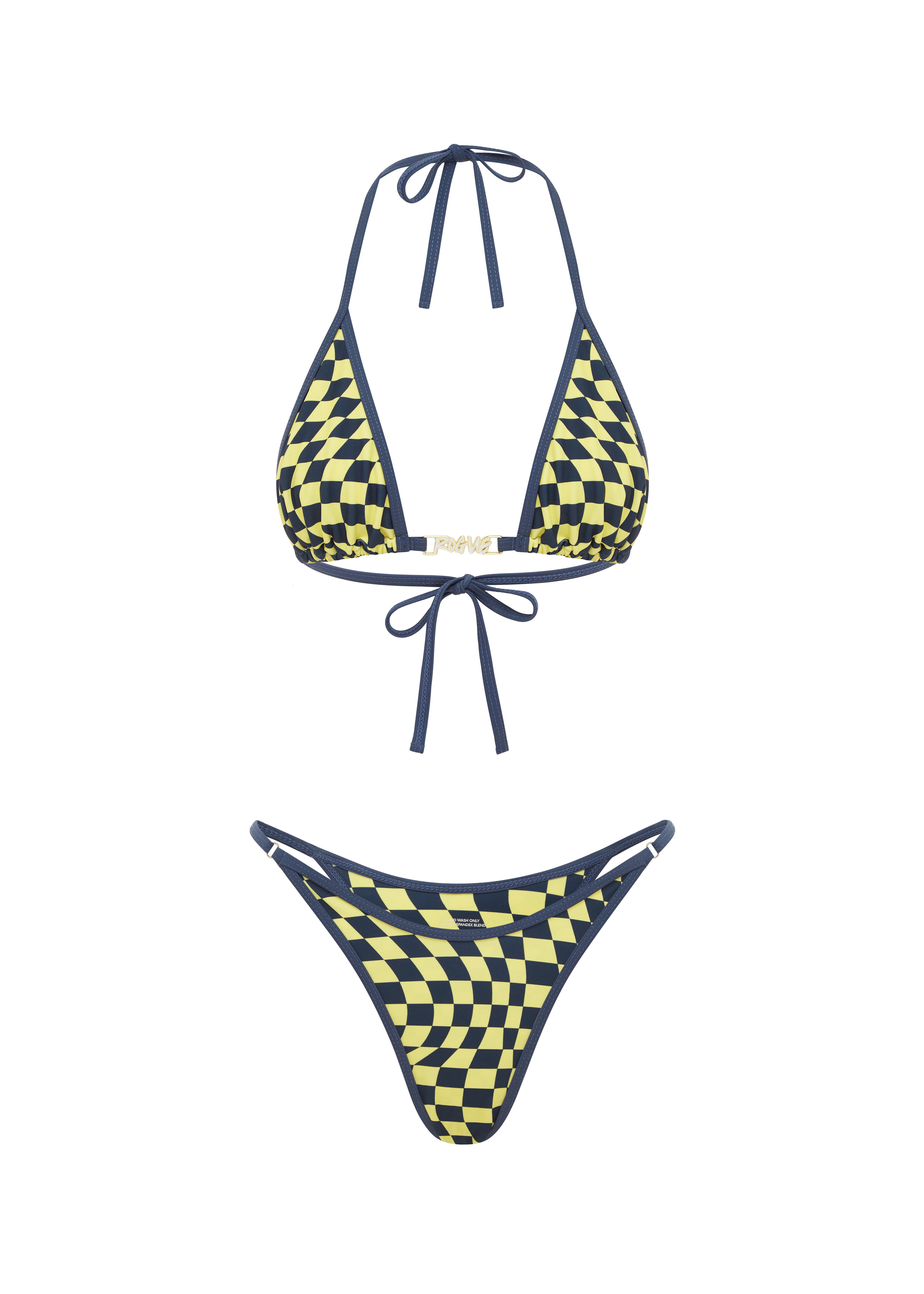 Yellow and Navy checkered triangle bikini set with thin straps and a high-cut bottom,  on a white background.
