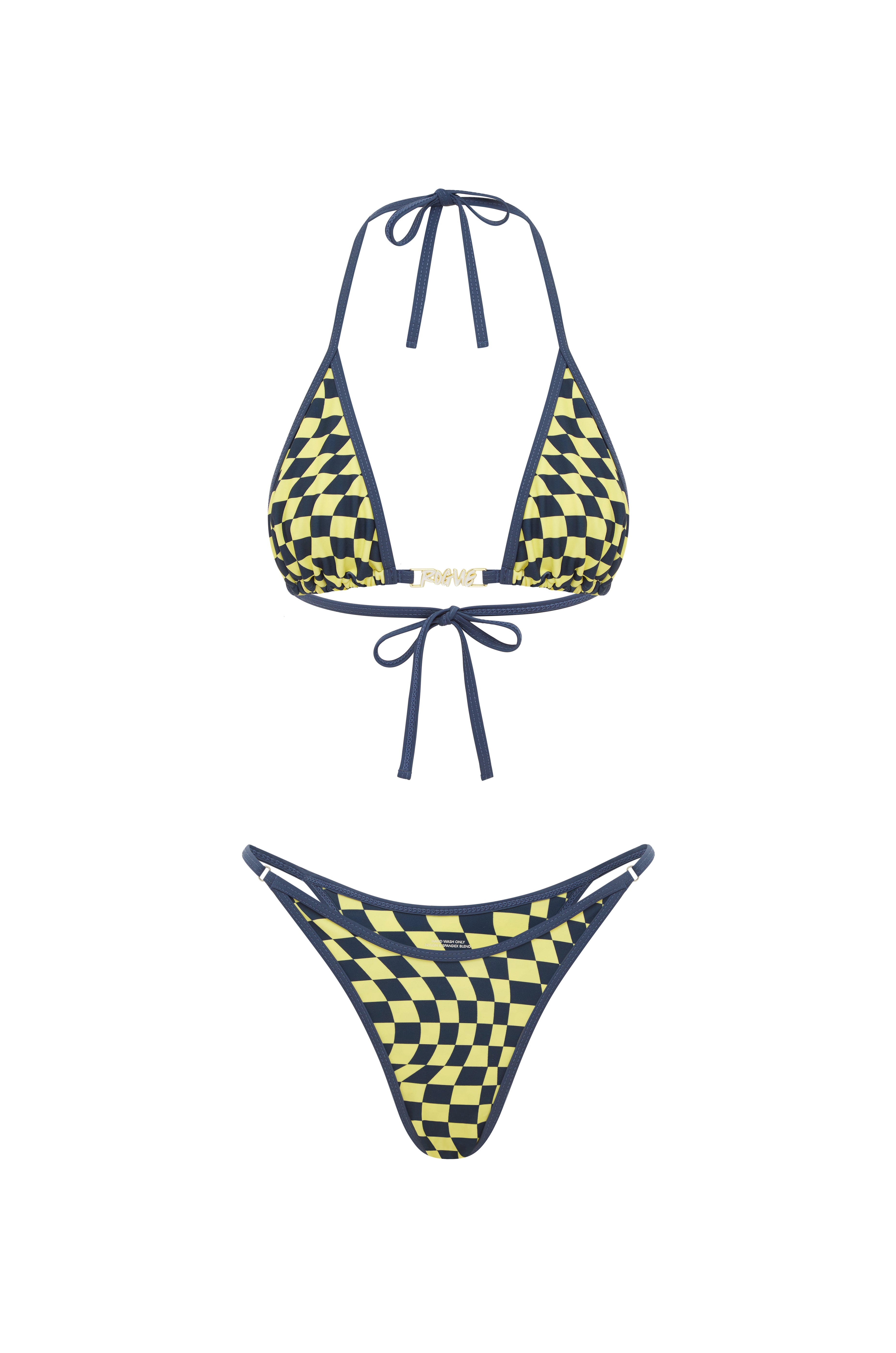 Yellow and Navy checkered triangle bikini set with thin straps and a high-cut bottom,  on a white background.