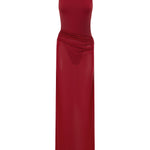 Front view of red Rogue Season swimsuit and sheer draped cherry skirt.