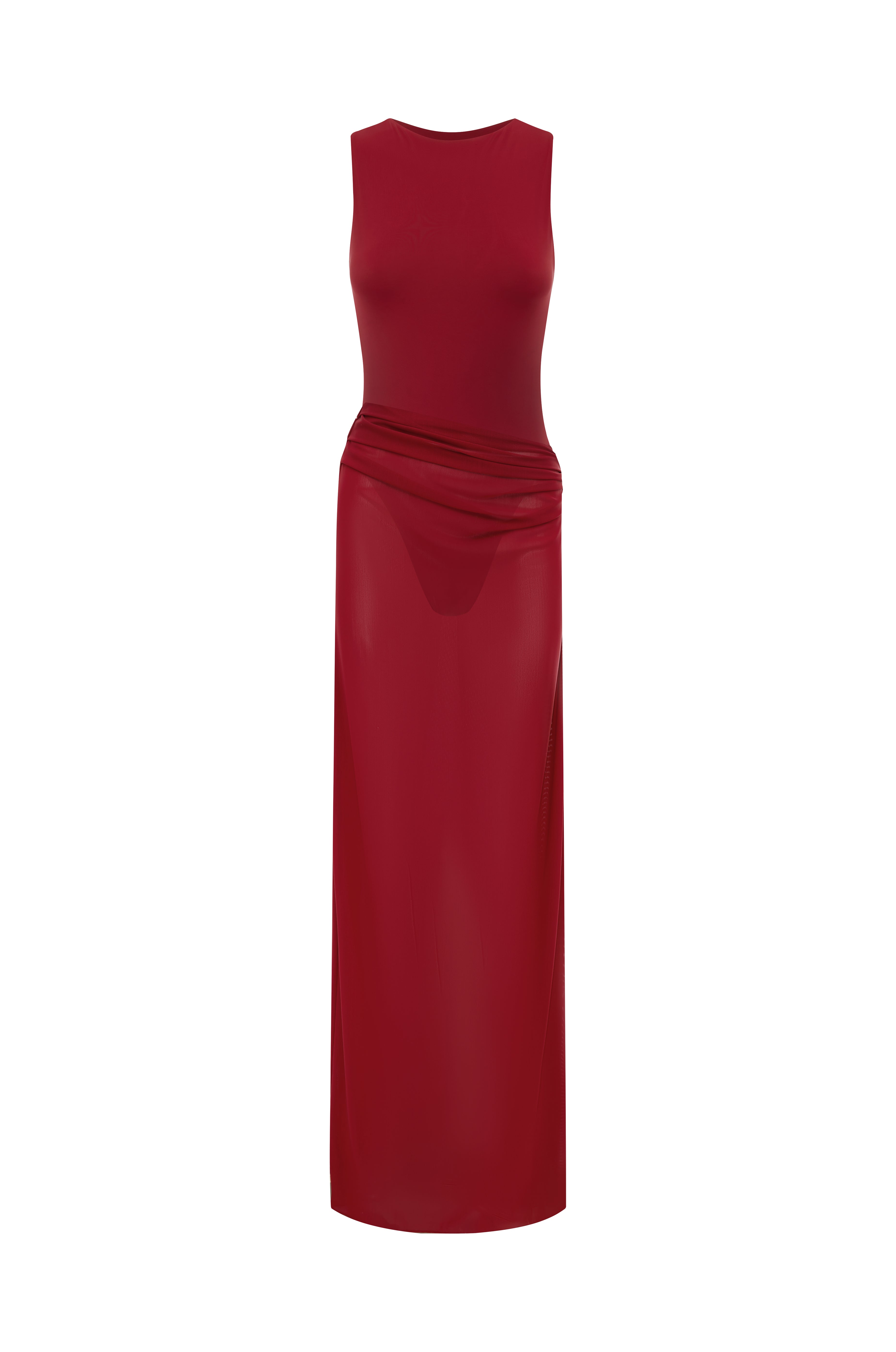 Front view of red Rogue Season swimsuit and sheer draped cherry skirt.