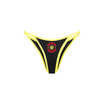 Black and yellow triangle bikini set with contrast trim and Rogue Season logo, on a white background