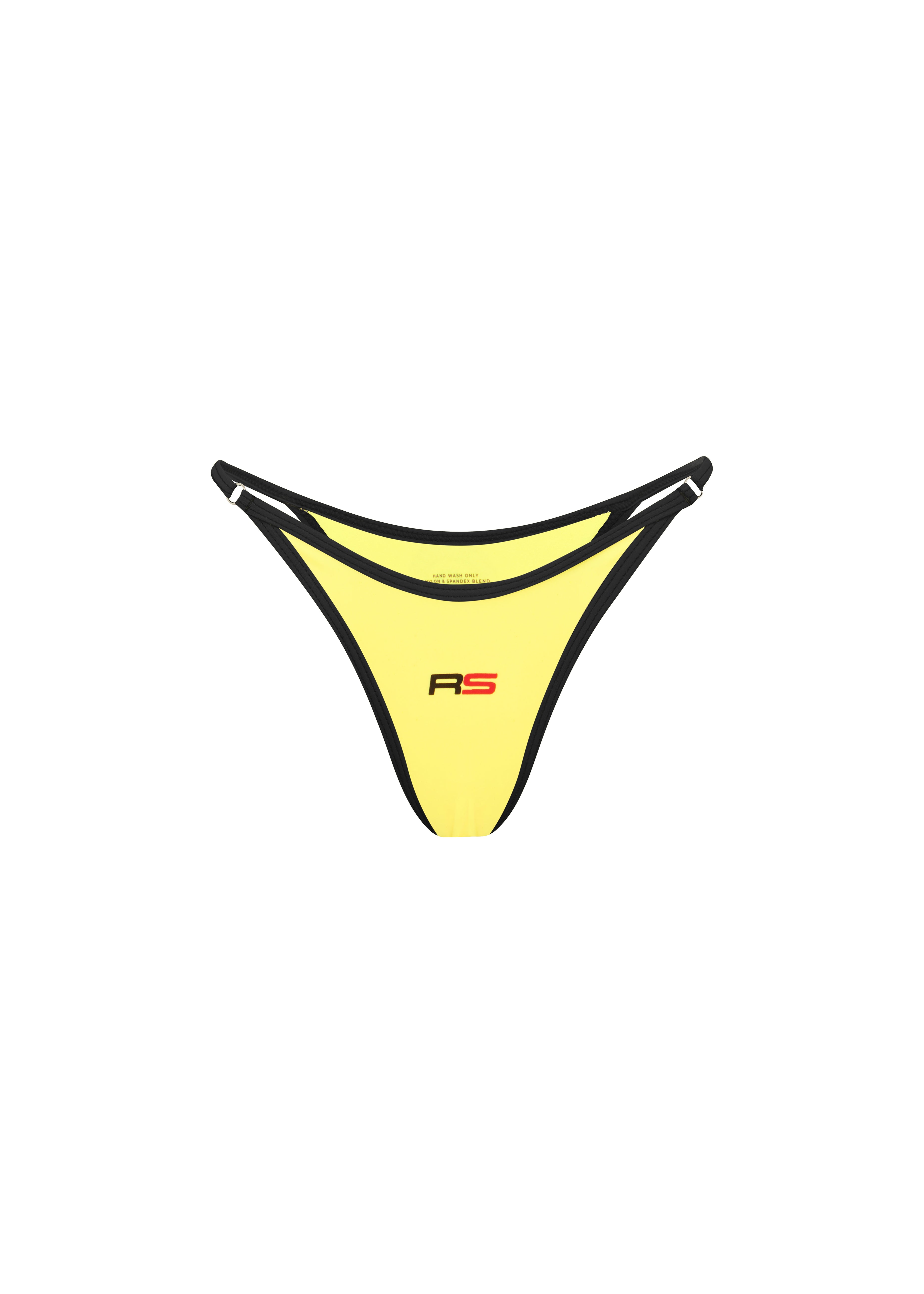 Yellow bikini bottom with Rogue Season brand logo on a white background
