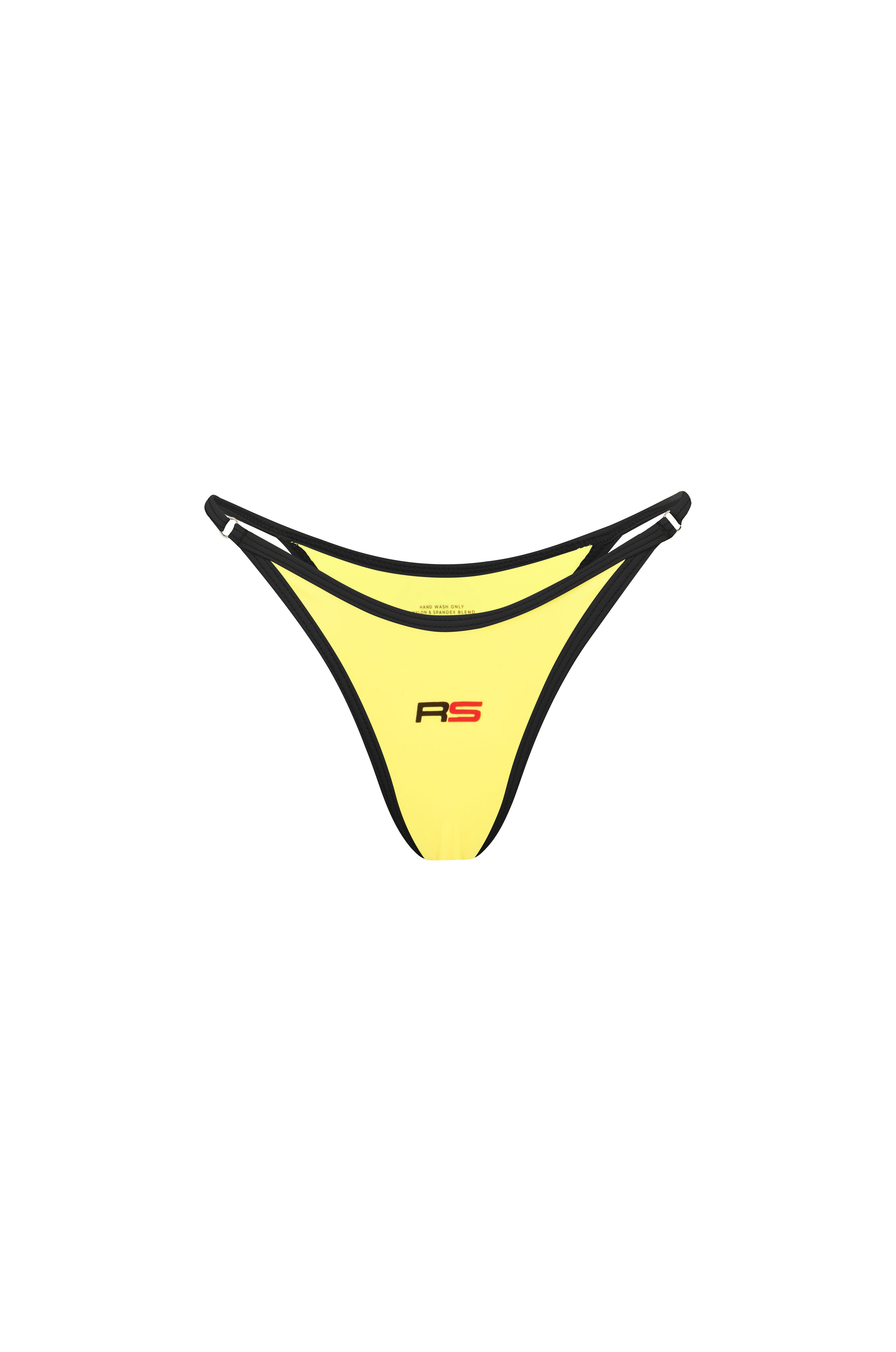 Yellow bikini bottom with Rogue Season brand logo on a white background