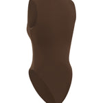 Back shot of brown one piece swimsuit on a white background.