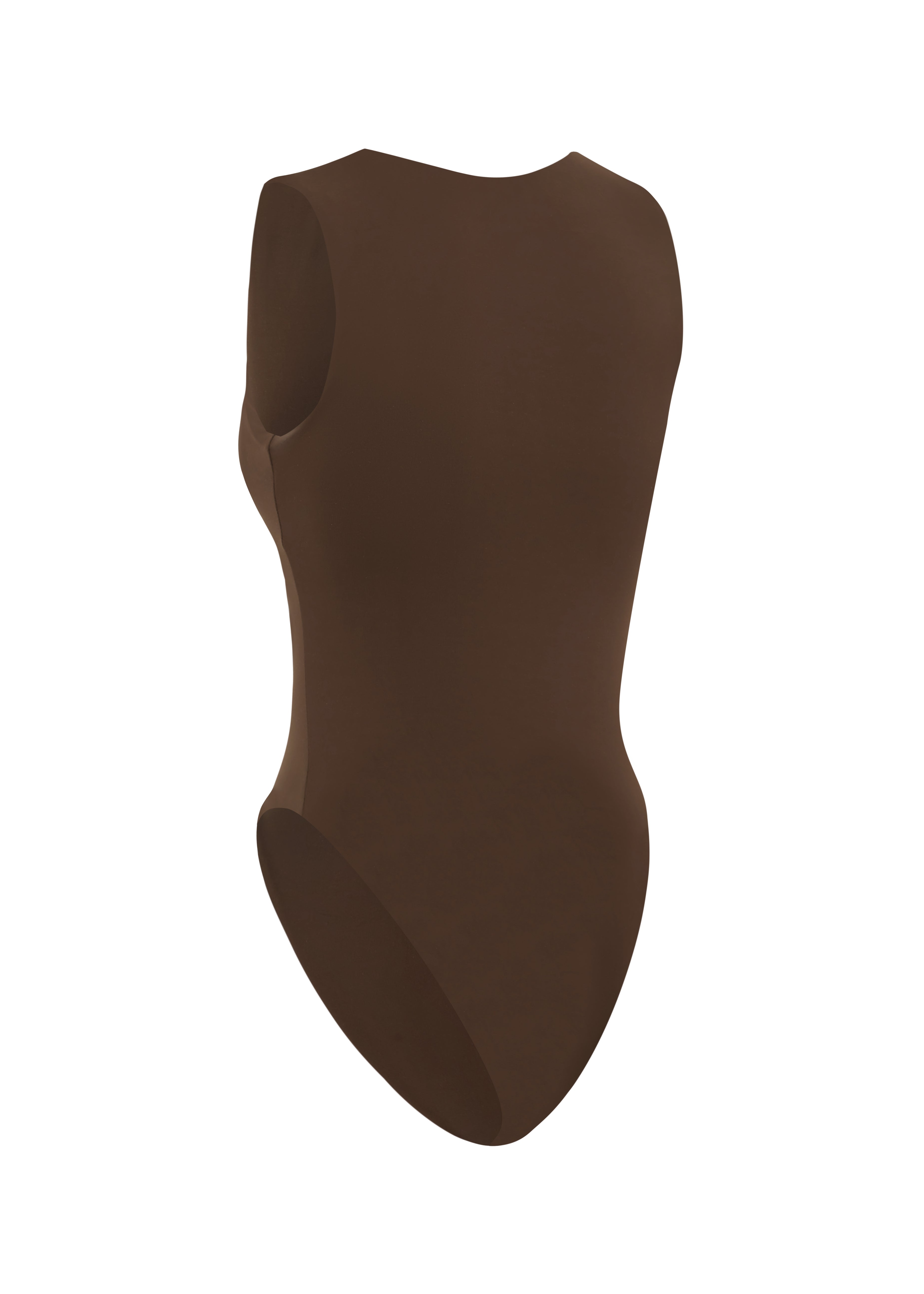 Back shot of brown one piece swimsuit on a white background.
