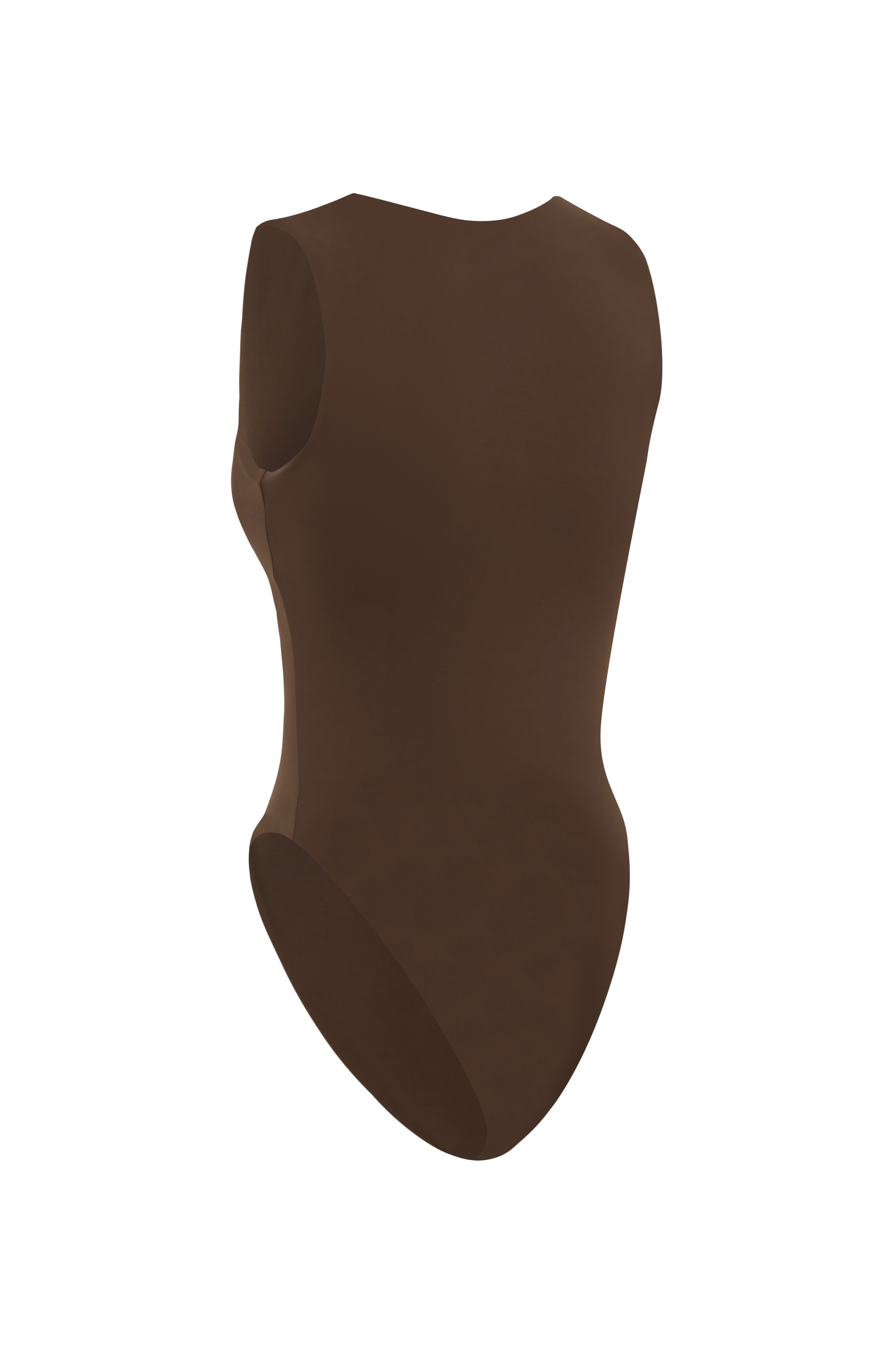 Back shot of brown one piece swimsuit on a white background.