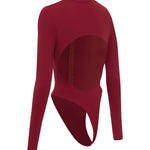 Red bodysuit with long sleeves and a cut-out back on a white background