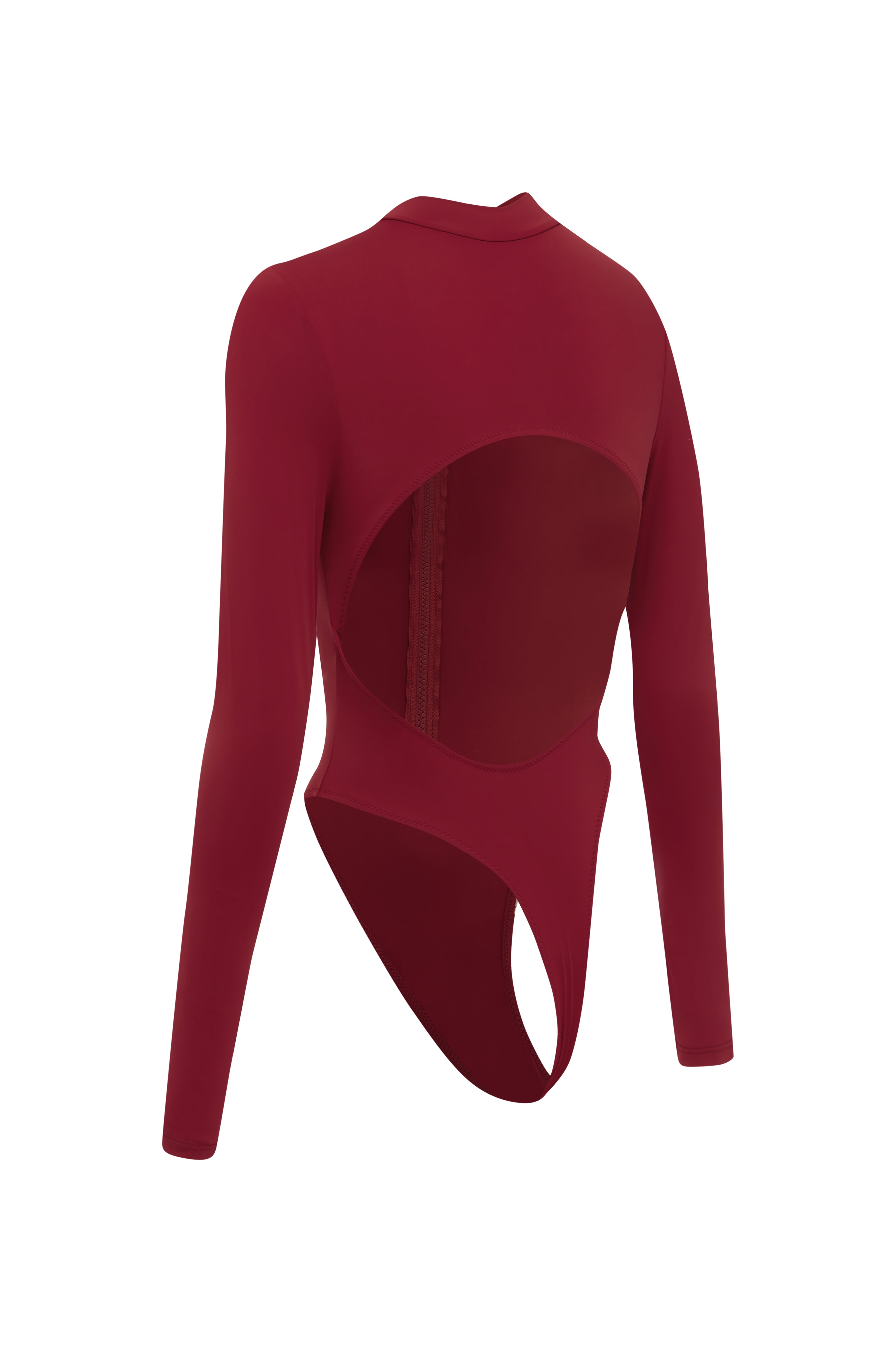 Red bodysuit with long sleeves and a cut-out back on a white background