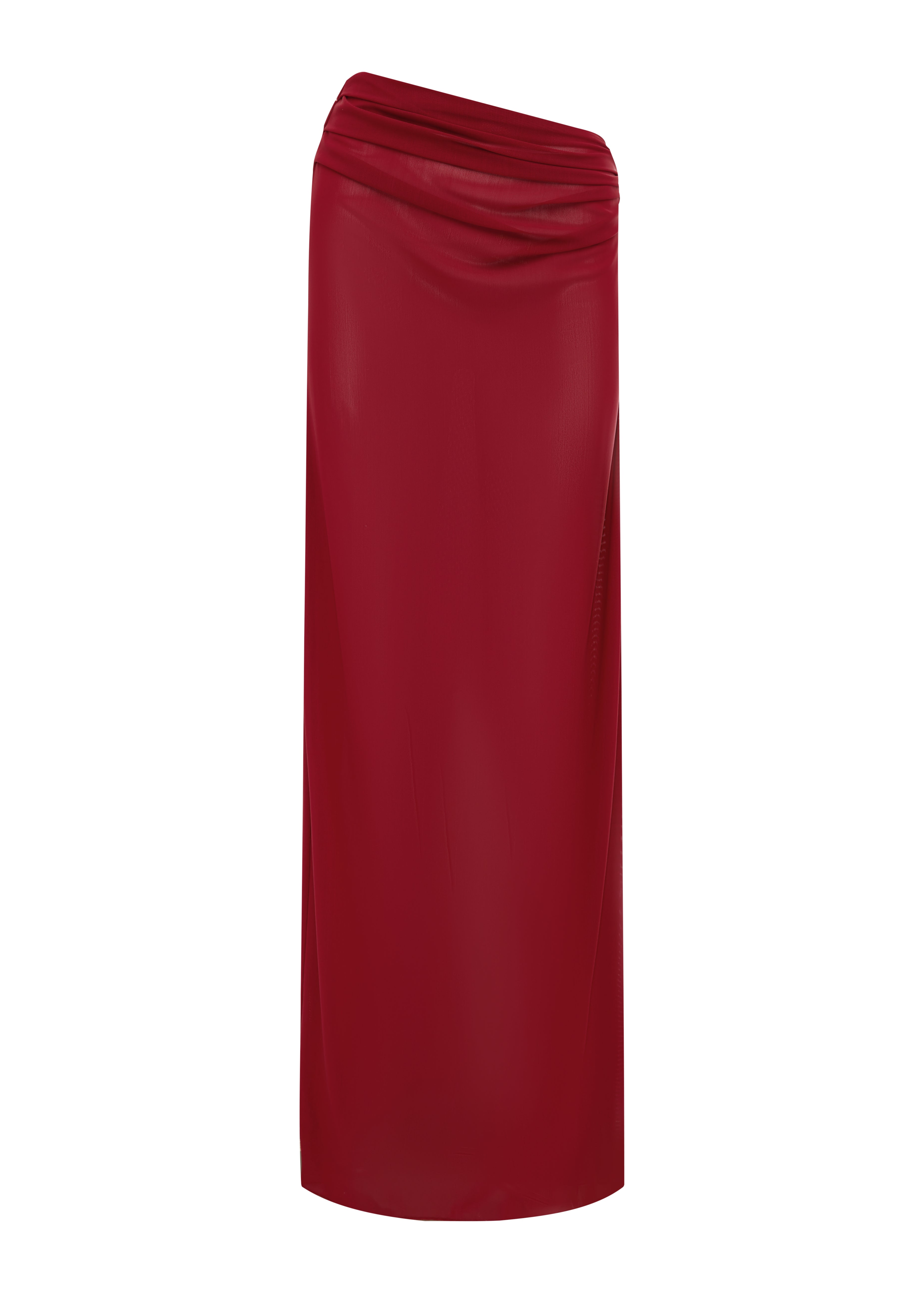 Red sheer draped maxi skirt on a white background