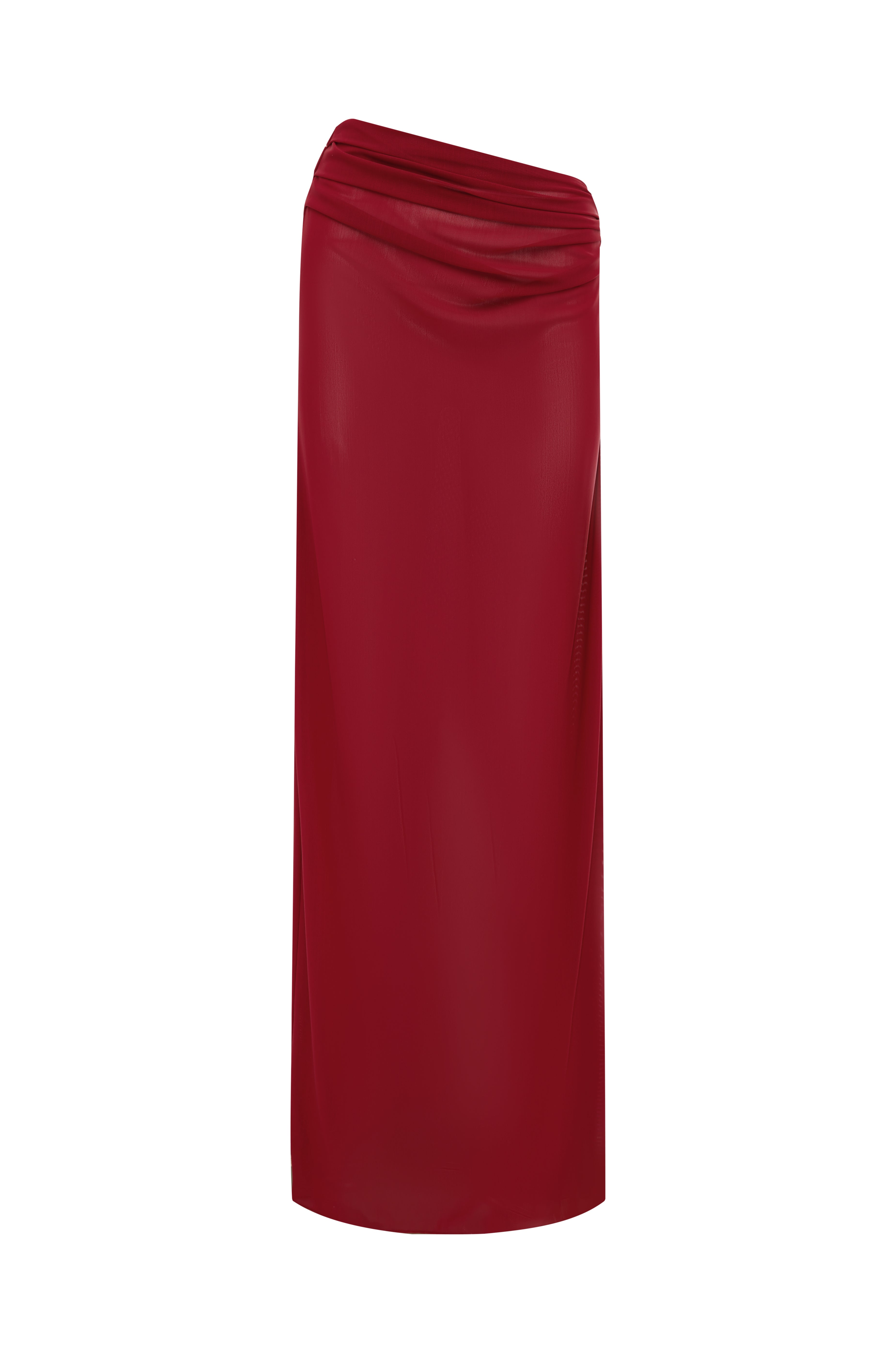 Red sheer draped maxi skirt on a white background