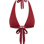 Red bikini top with halter neck design on a white background