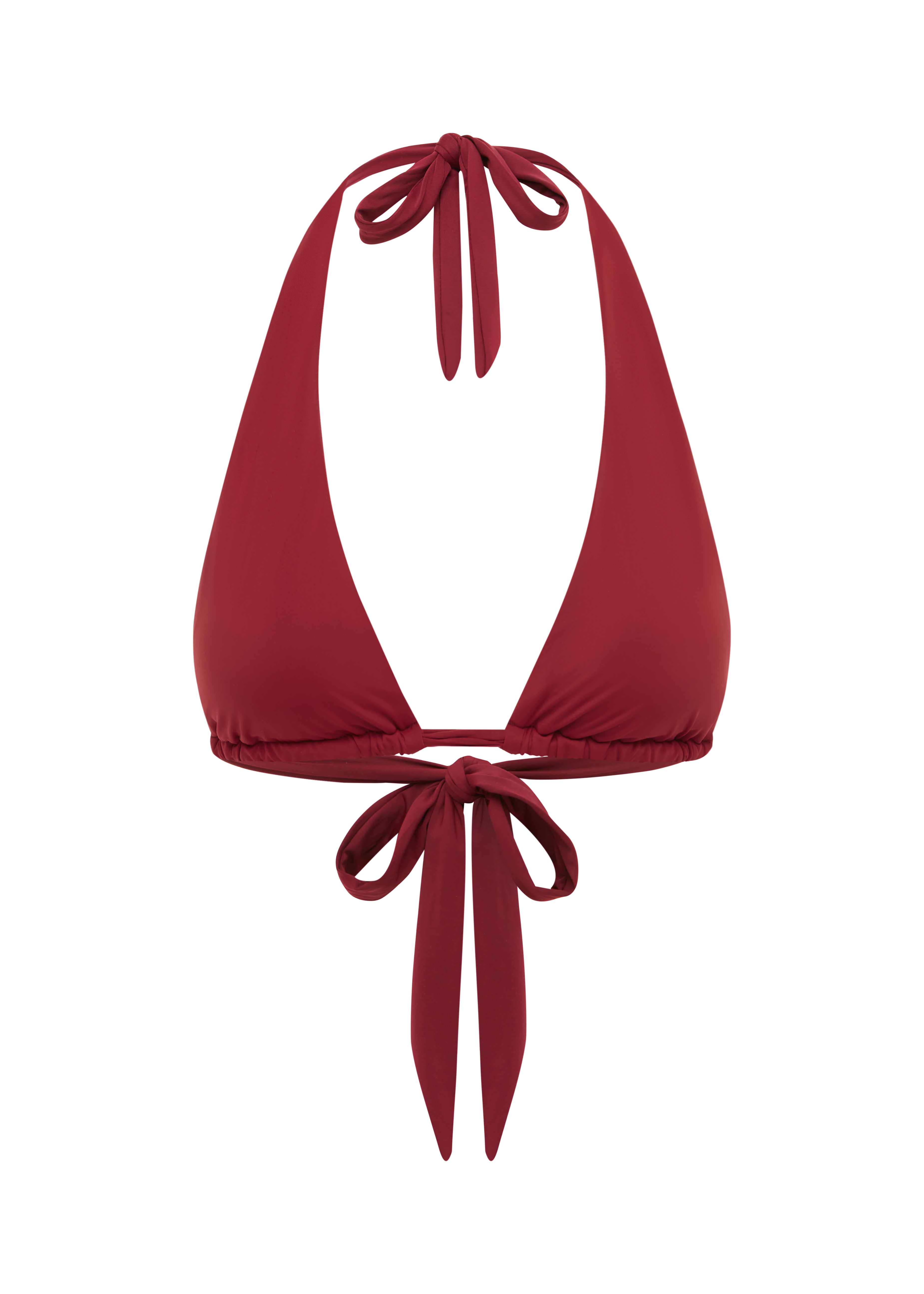 Red bikini top with halter neck design on a white background