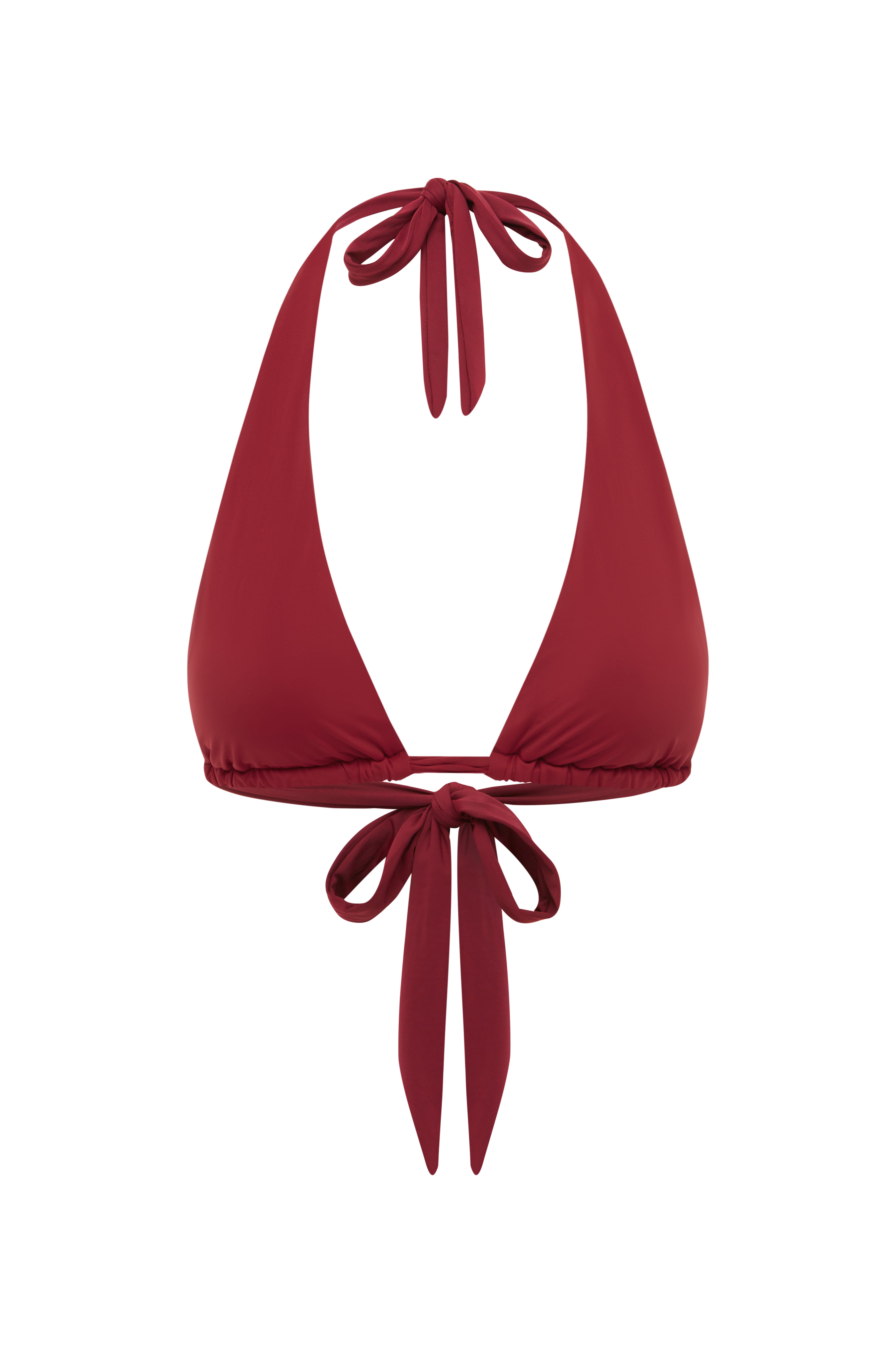 Red bikini top with halter neck design on a white background
