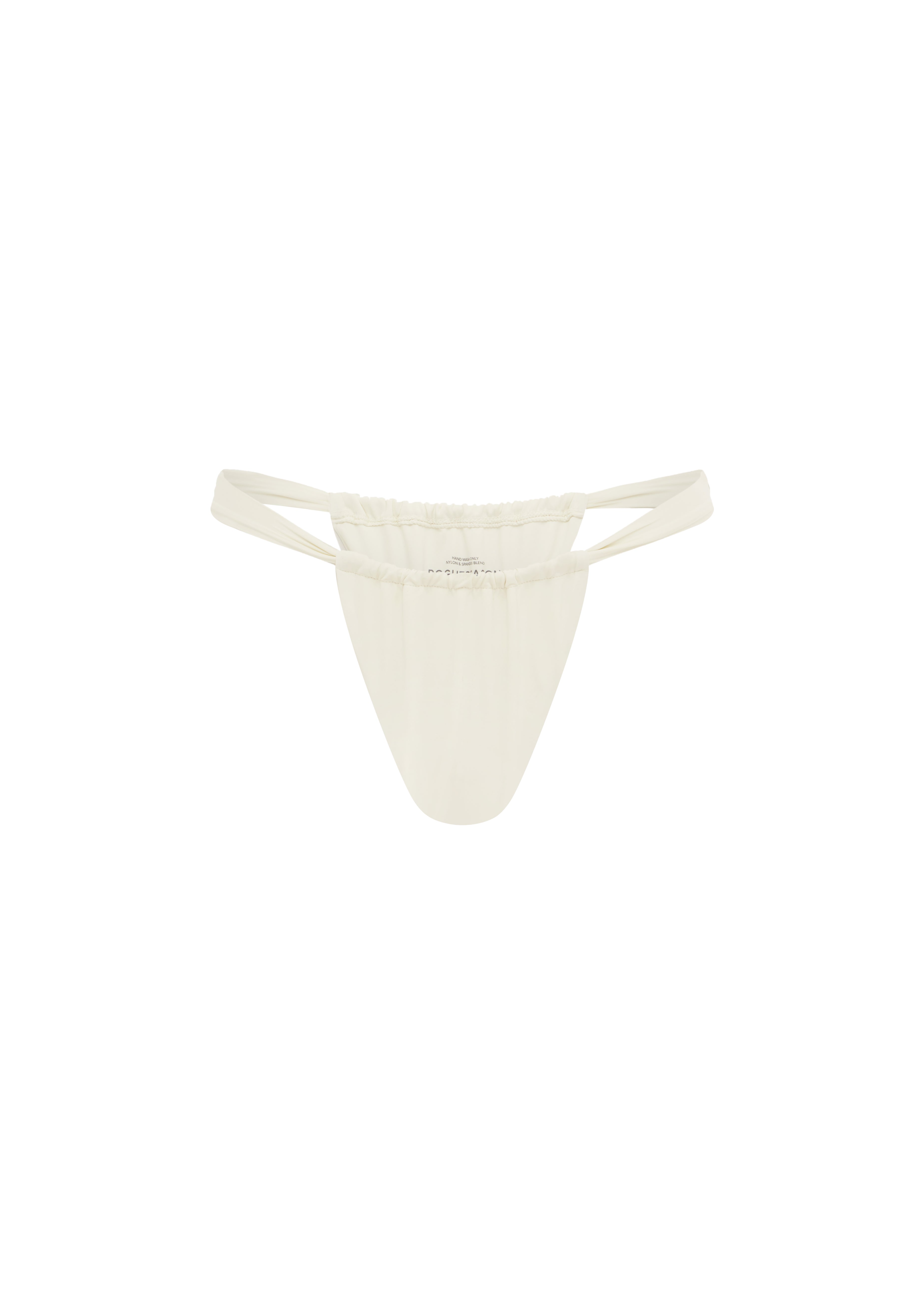 A white, high-cut, thick-strapped swim bottom against a plain background.