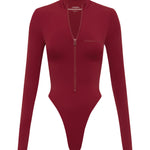 Red zip up bodysuit with long sleeves on a white background
