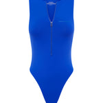 A blue one-piece swimsuit with a zippered front on a white background.