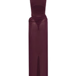 Burgundy swimsuit with a matching sheer maxi skirt on a white background.
